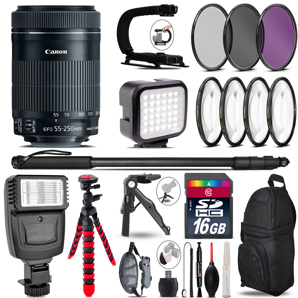 Canon 55-250mm IS STM -Video Kit + Slave Flash + Monopod - 16GB Accessory Bundle *FREE SHIPPING*