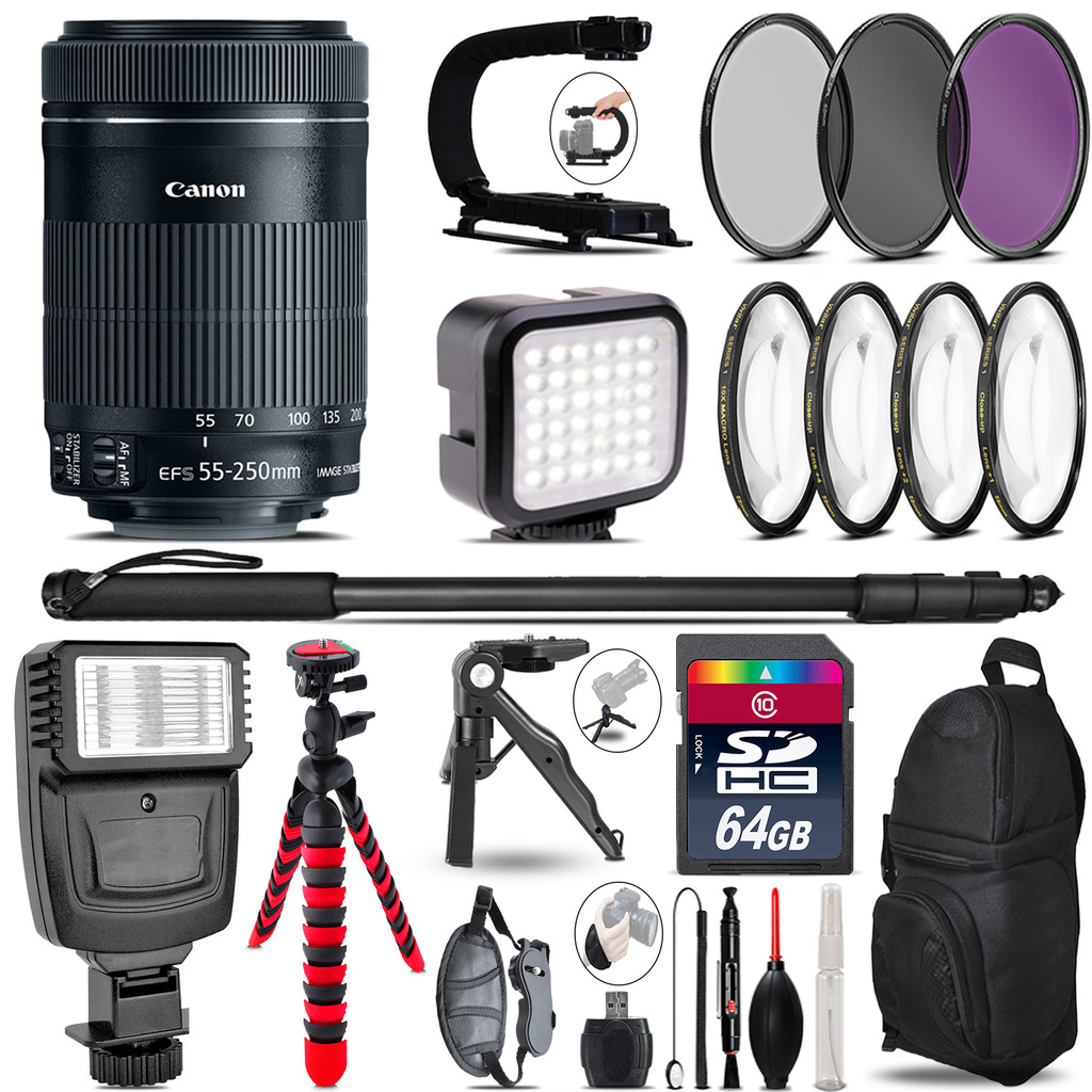Canon 55-250mm IS STM -Video Kit + Slave Flash + Monopod - 64GB Accessory Bundle *FREE SHIPPING*