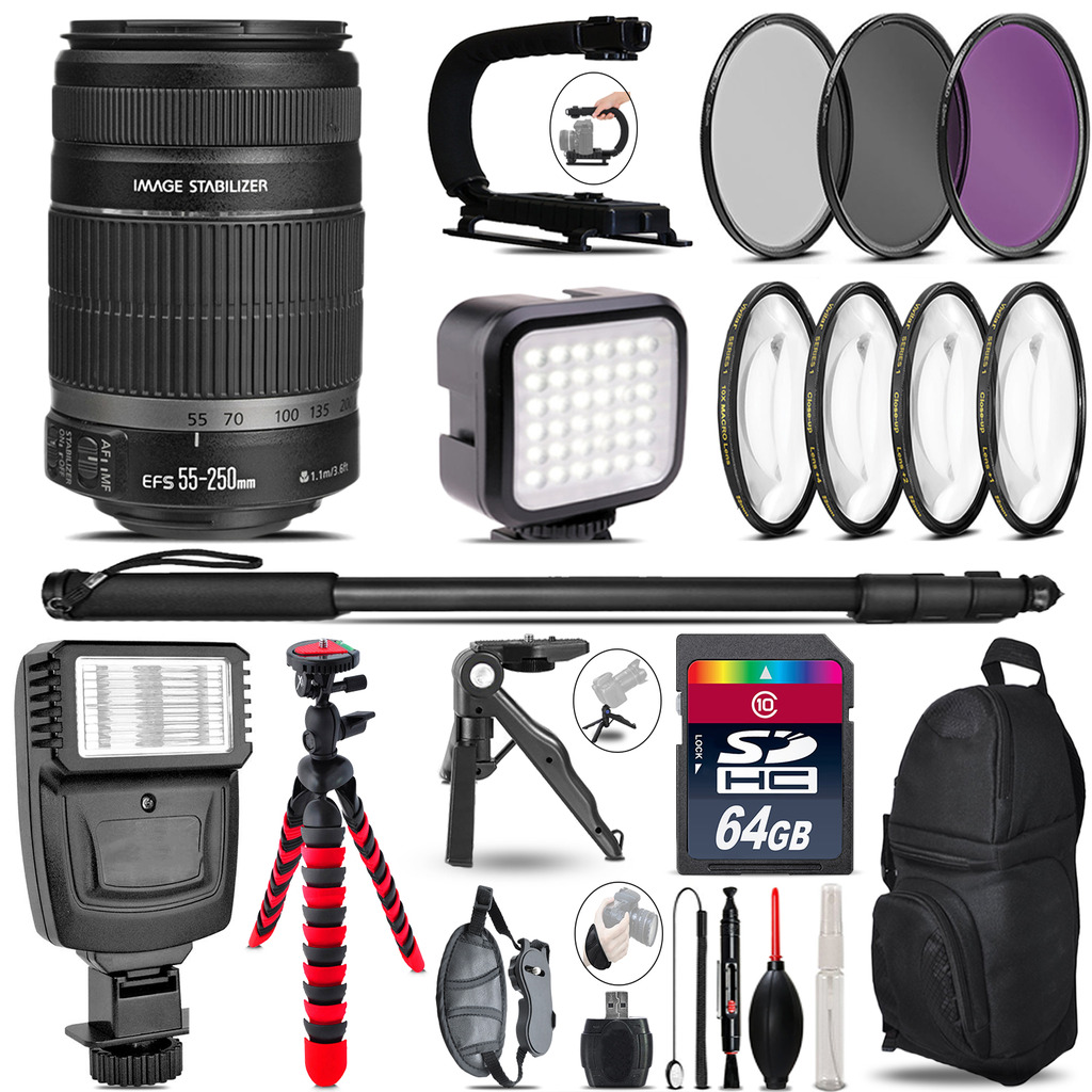 Canon EF-S 55-250 IS - Video Kit + Slave Flash + Monopod - 64GB Accessory Bundle *FREE SHIPPING*