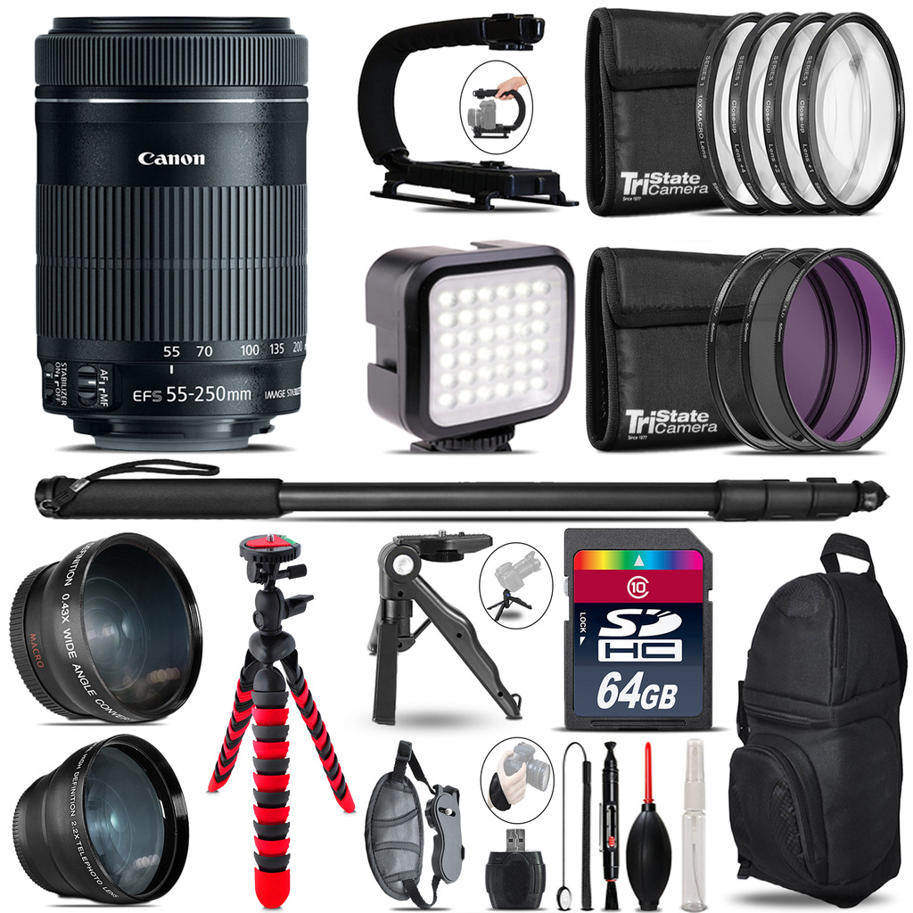 Canon 55-250mm IS STM - Video Kit + LED KIt + Monopod - 64GB Accessory Bundle *FREE SHIPPING*