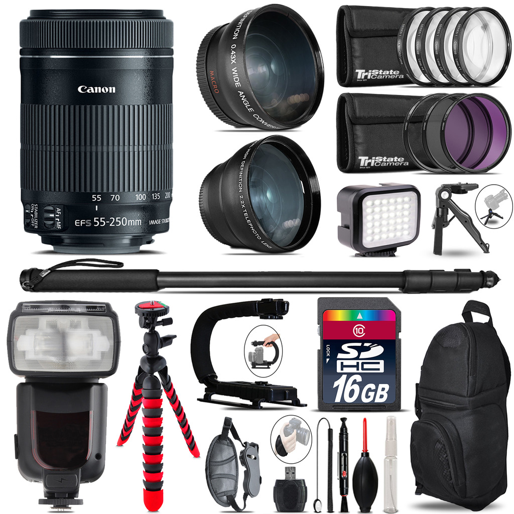 Canon 55-250mm IS STM + Pro Flash + LED Light + Tripod - 16GB Accessory Bundle *FREE SHIPPING*