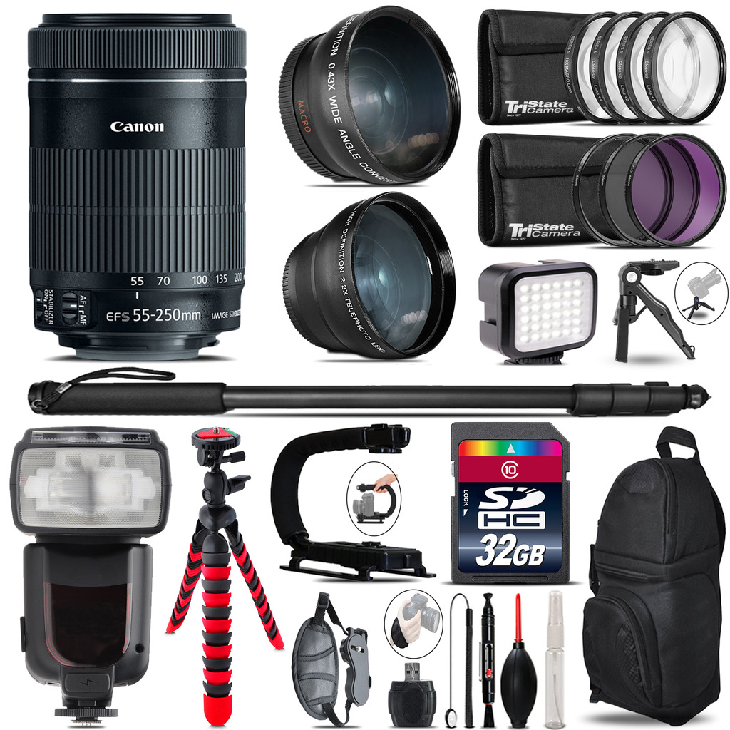 Canon 55-250mm IS STM + Pro Flash + LED Light + Tripod - 32GB Accessory Bundle *FREE SHIPPING*