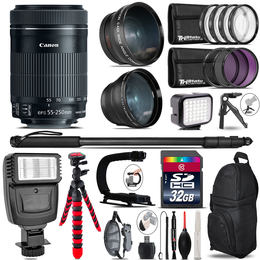 Canon 55-250mm IS STM + Slave Flash + LED Light + Tripod - 32GB Accessory Bundle *FREE SHIPPING*