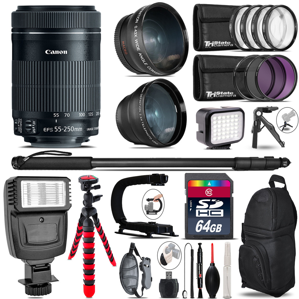 Canon 55-250mm IS STM + Slave Flash + LED Light + Tripod - 64GB Accessory Bundle *FREE SHIPPING*