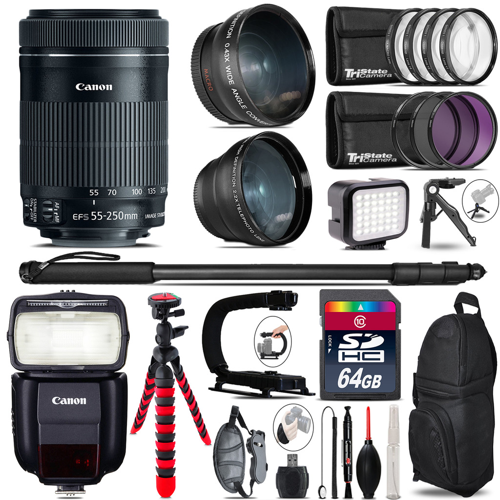Canon 55-250mm IS STM + Speedlite 430EX III-RT - LED LIGHT - 64GB Accessory Kit *FREE SHIPPING*