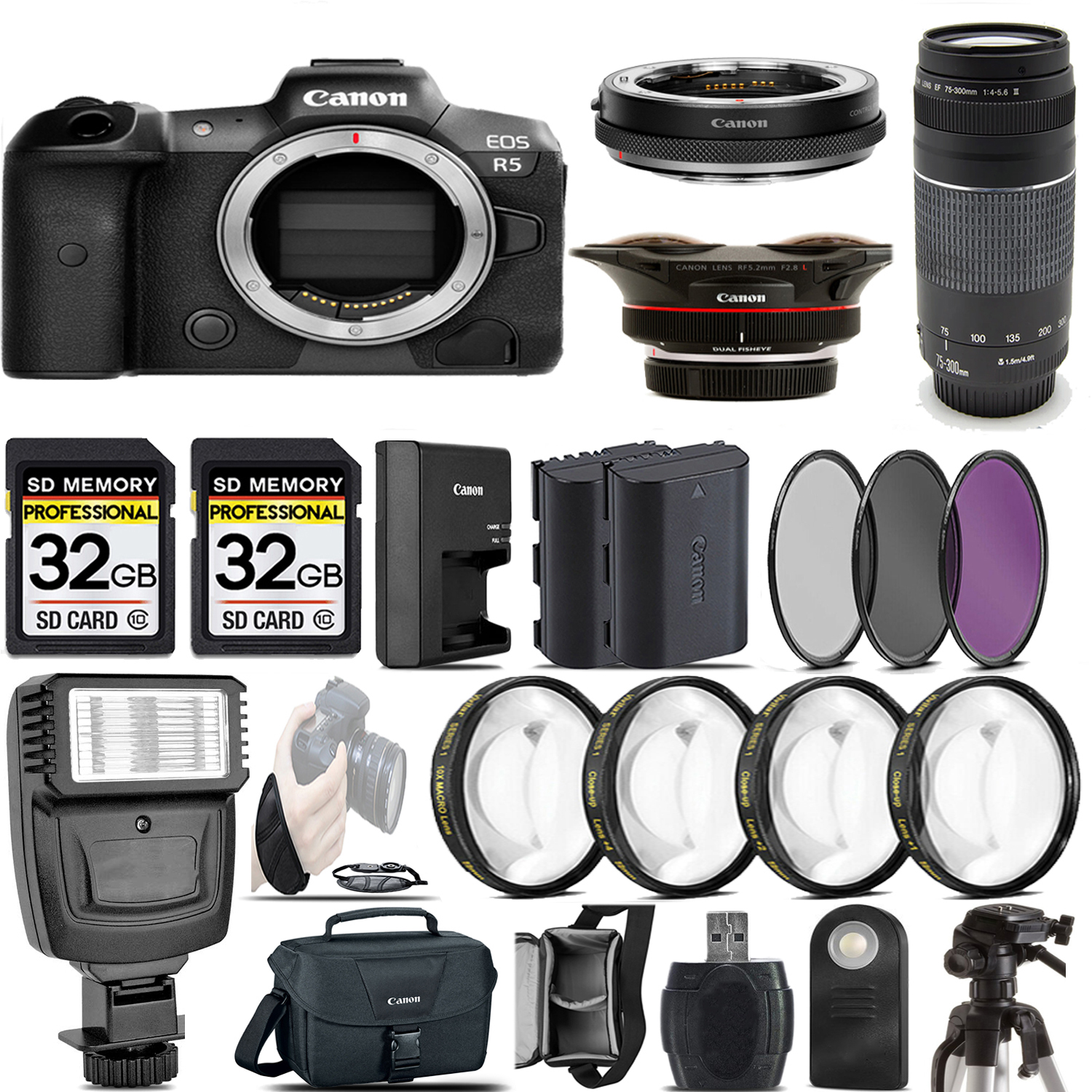 EOS R5 Mirrorless Camera + 5.2mm f/2.8 L Lens + 75- 300 III Lens - 64GB Kit *FREE SHIPPING*