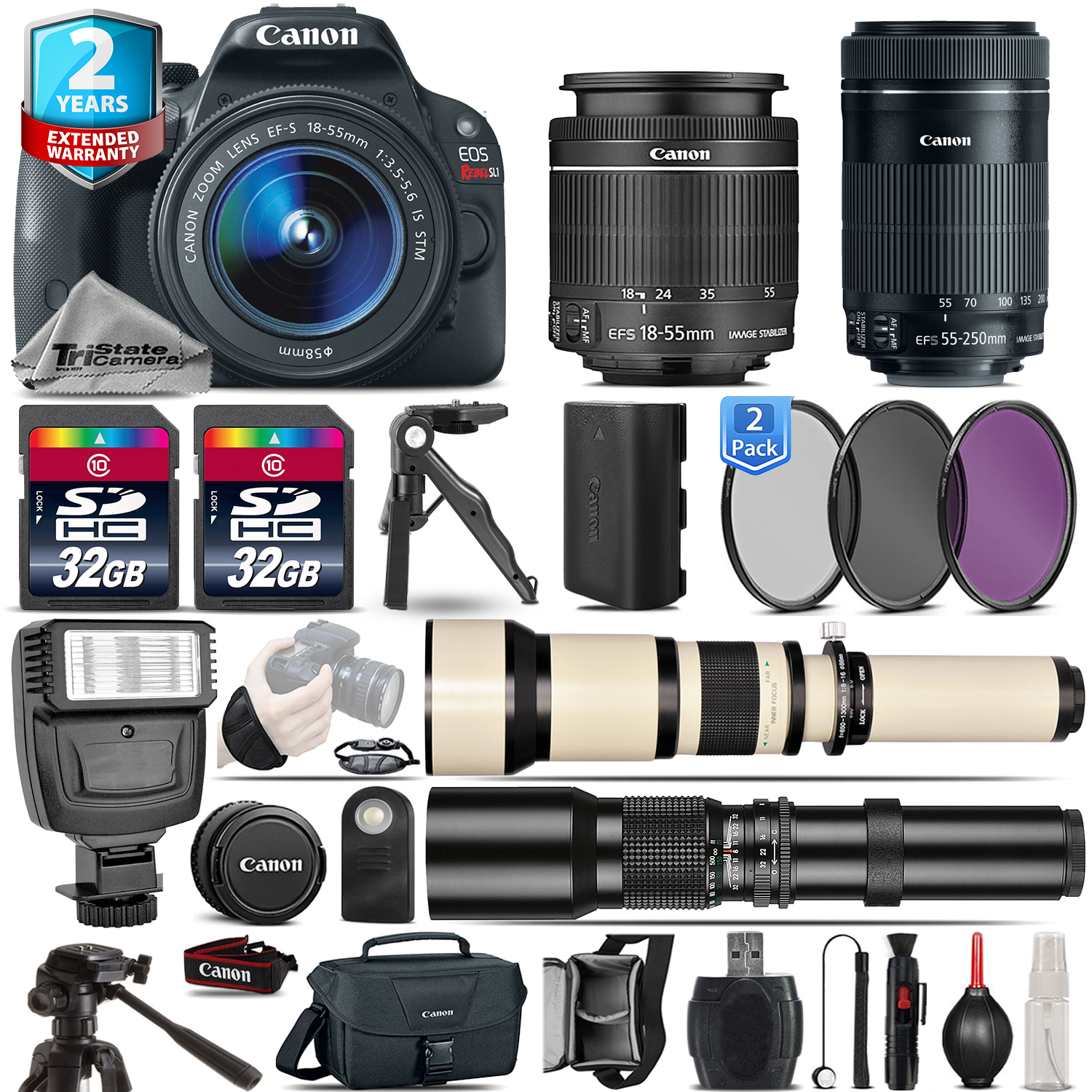 EOS Rebel SL1 DSLR Camera + 18-55mm + 55-200mm + 2yr Warranty -64GB Kit *FREE SHIPPING*