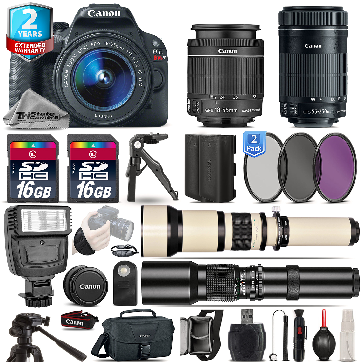 EOS Rebel SL1 DSLR Camera + 18-55mm + 55-200mm + EXT BATT + 2yr Warranty *FREE SHIPPING*
