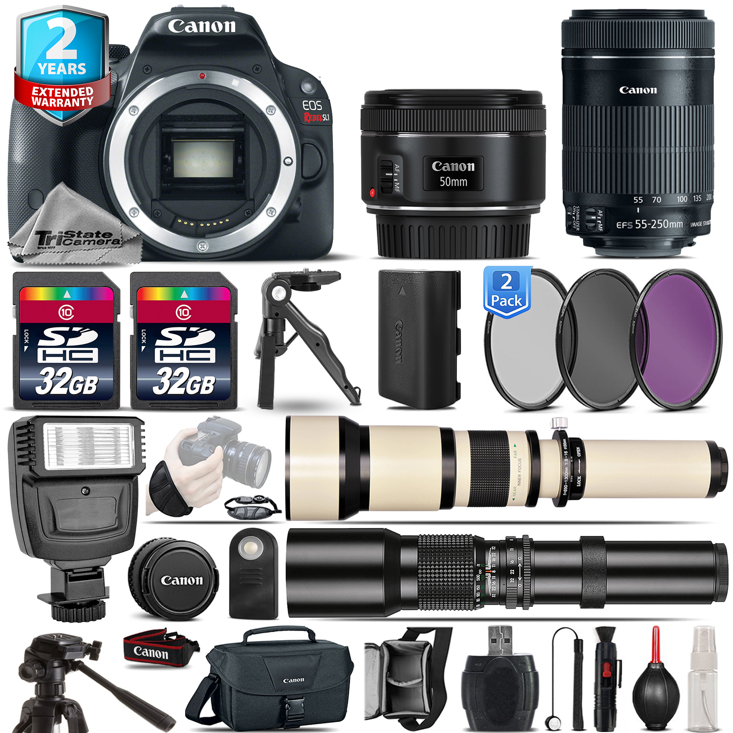EOS Rebel SL1 Camera + 50mm 1.8 + 55-250mm IS STM + 2yr Warranty -64GB Kit *FREE SHIPPING*