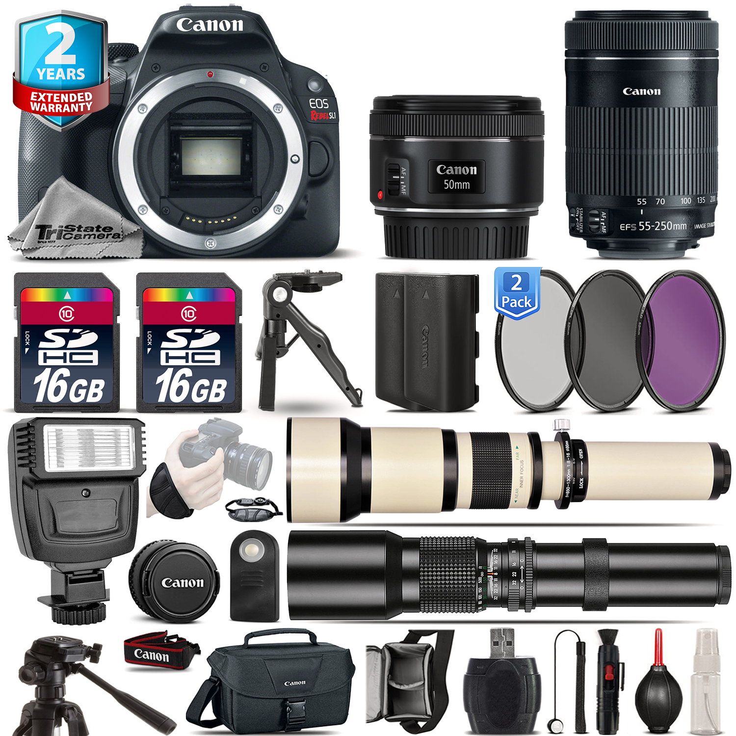 EOS Rebel SL1 Camera + 50mm 1.8 + 55-250mm STM + EXT BATT + 2yr Warranty *FREE SHIPPING*