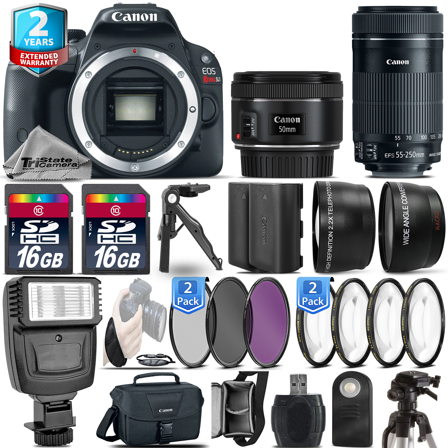 EOS Rebel SL1 Camera + 50mm 1.8 + 55-250mm + EXT BAT - 32GB + 2yr Warranty *FREE SHIPPING*