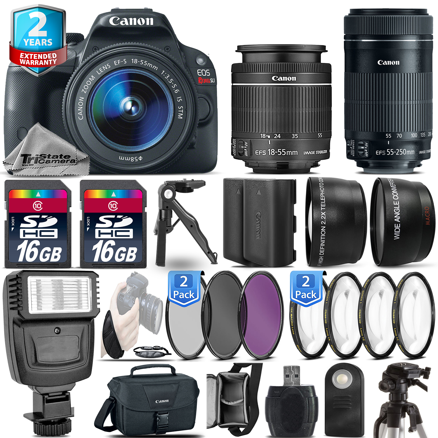 EOS Rebel SL1 Camera + 18-55mm + 55-200mm + EXT BAT - 32GB + 2yr Warranty *FREE SHIPPING*