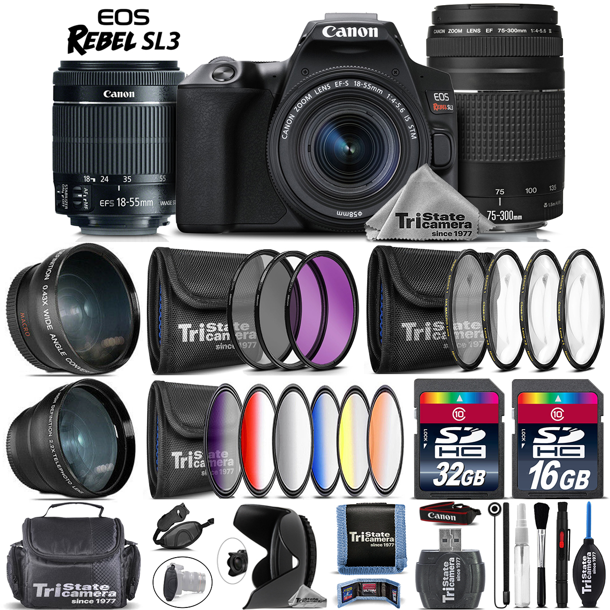 EOS Rebel SL3 Digital Camera + 18-55mm IS + 75-300mm III Lens - 48GB Kit - Black *FREE SHIPPING*