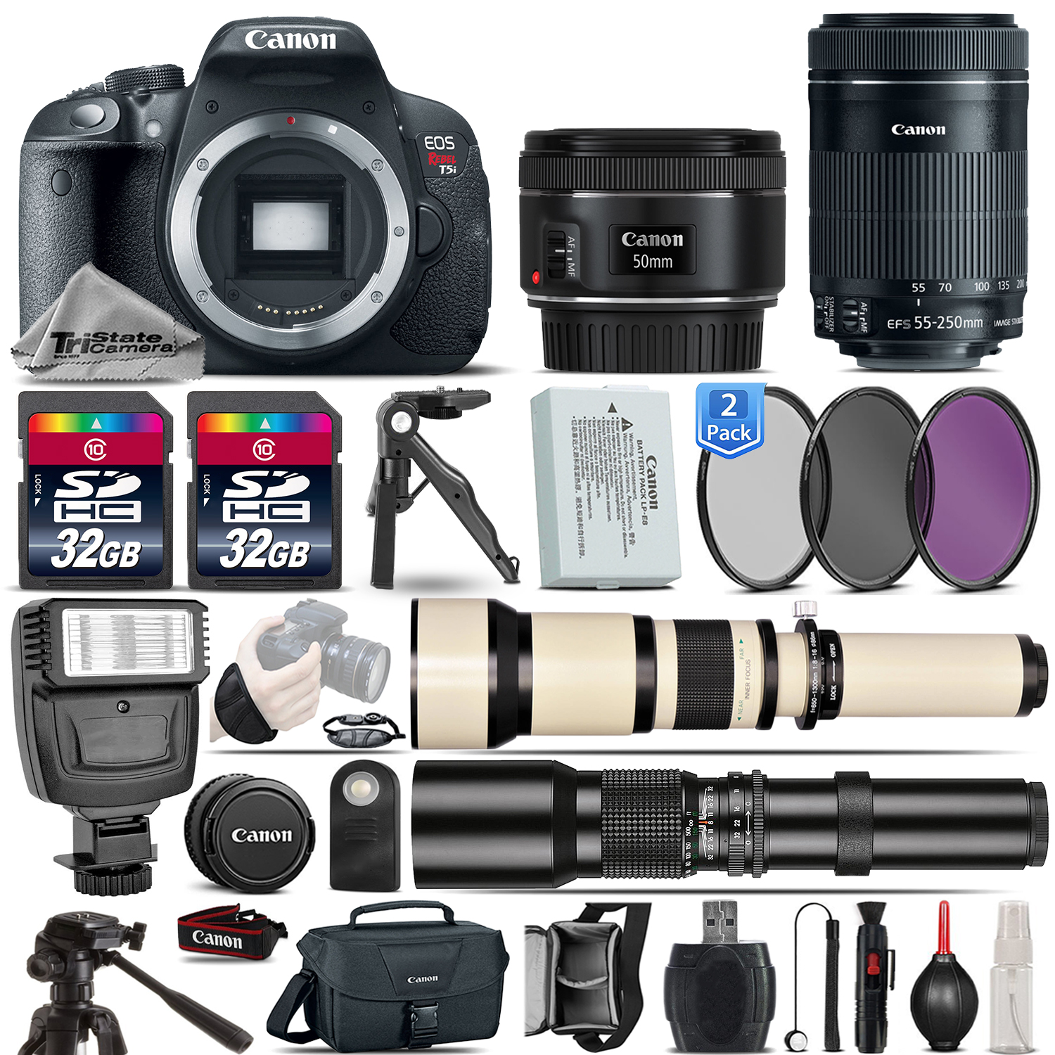 EOS Rebel T5i 700D SLR Camera + 50mm 1.8 + 55-250mm  STM Lens - 64GB Kit *FREE SHIPPING*