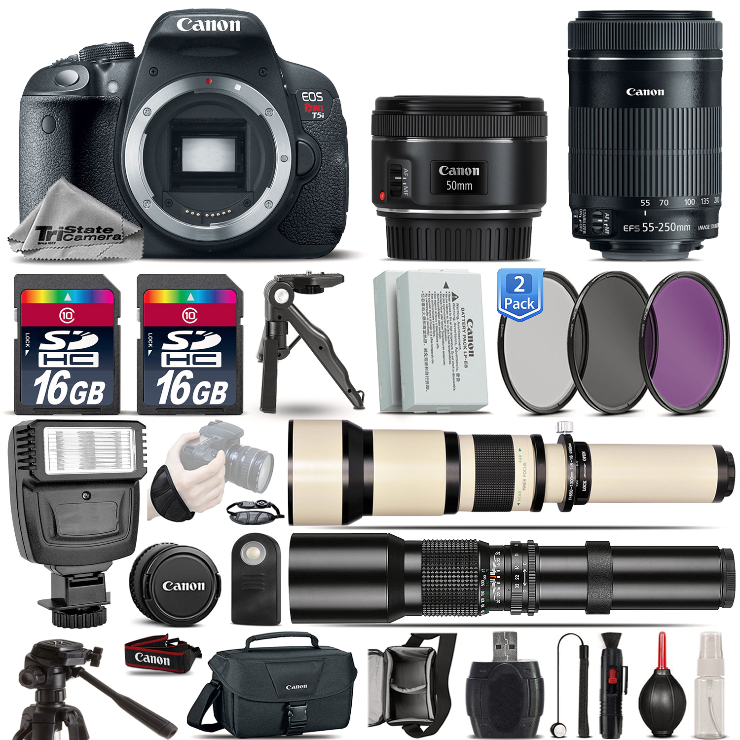 EOS Rebel T5i 700D Camera + 50mm 1.8 + 55-250mm STM + EXT BATT - 32GB Kit *FREE SHIPPING*