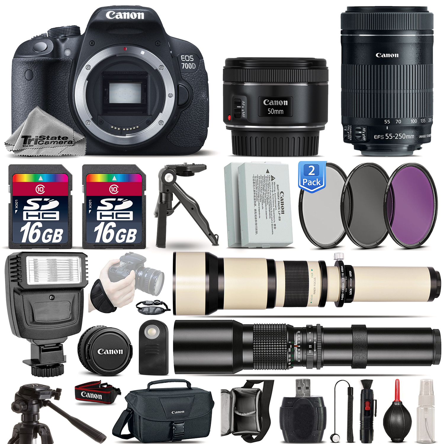 EOS Rebel 700D T5i Camera + 50mm 1.8 + 55-250mm STM + EXT BATT - 32GB Kit *FREE SHIPPING*