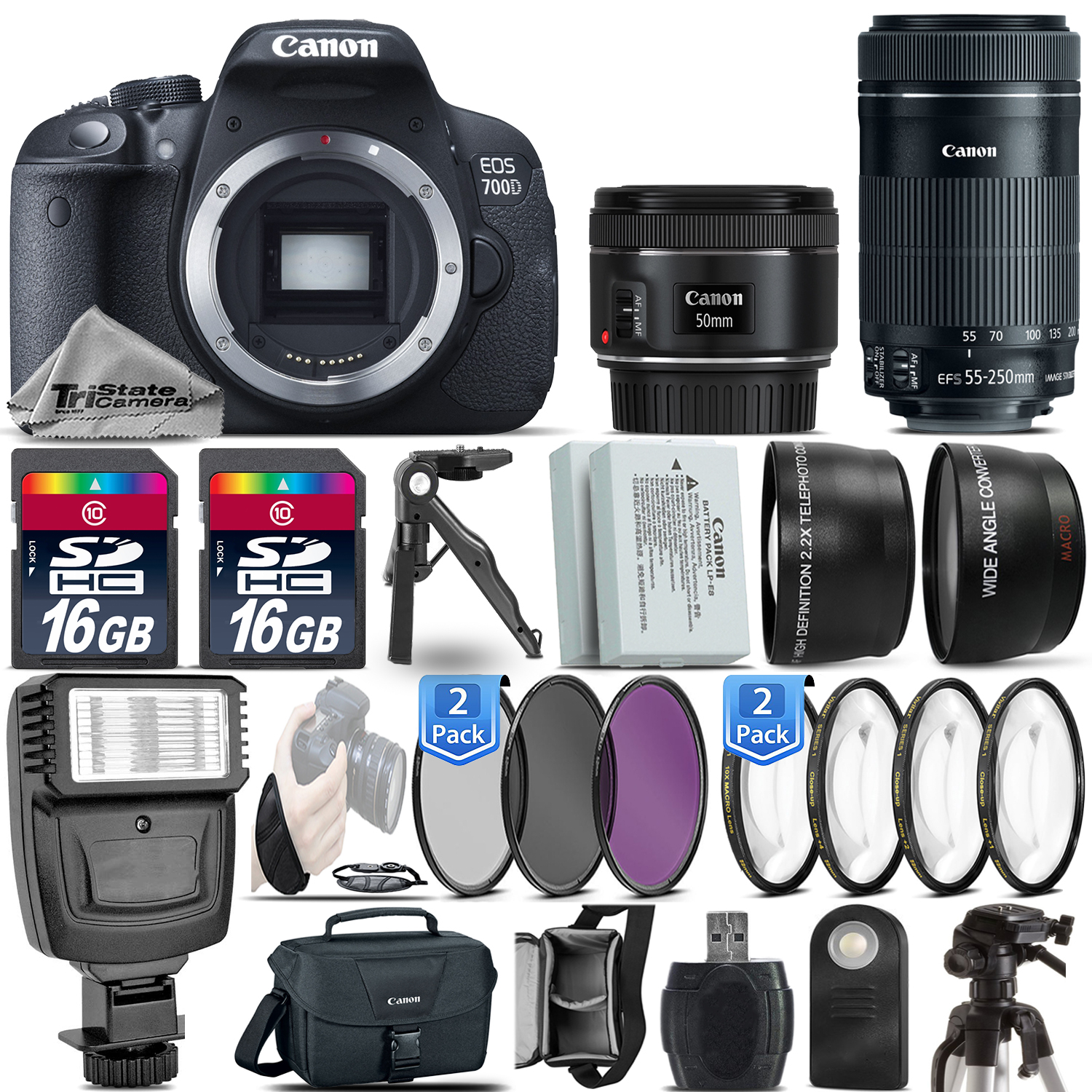 EOS Rebel 700D / T5i Camera + 50mm 1.8 + 55-250mm STM + EXT BAT - 32GB Kit *FREE SHIPPING*