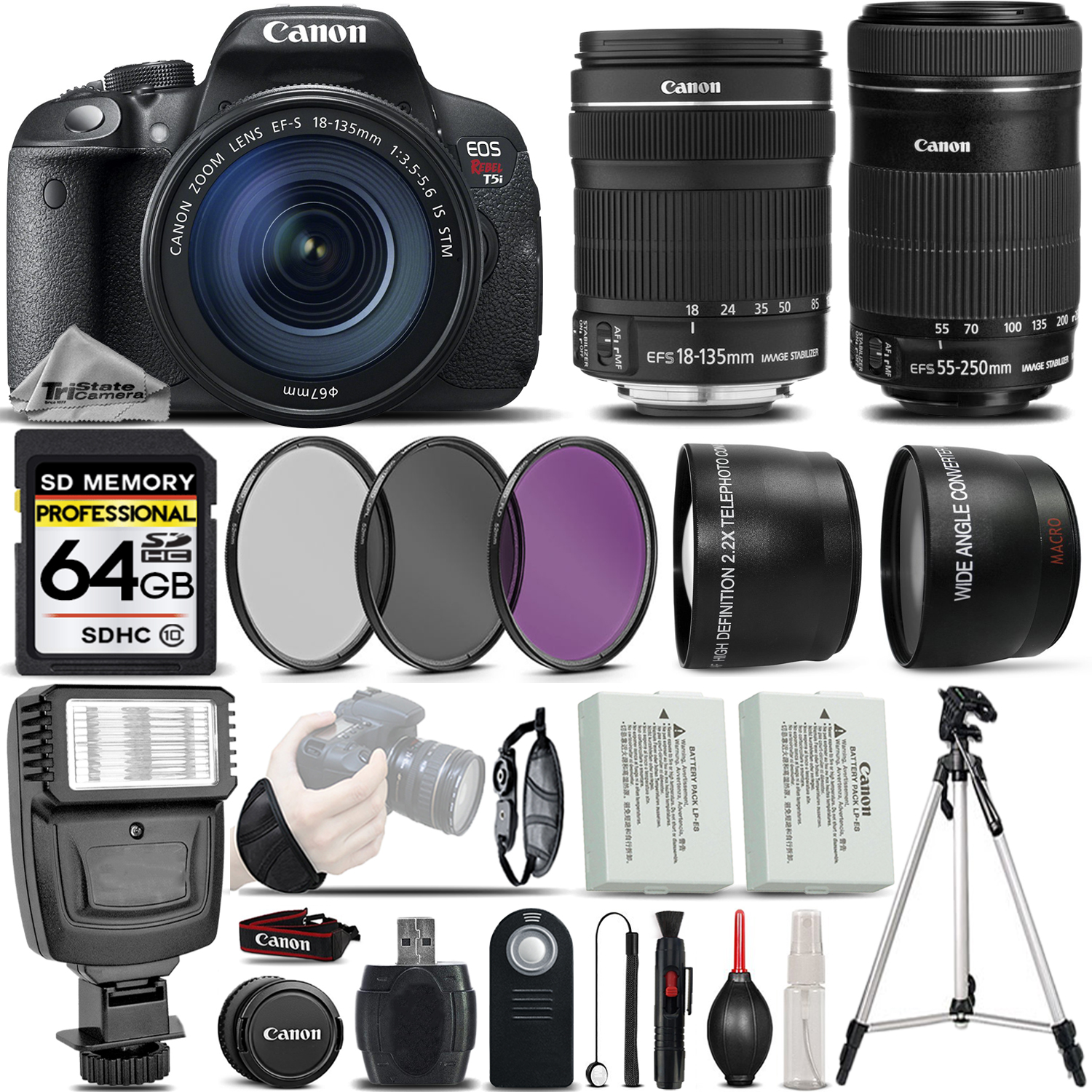EOS Rebel T5i DSLR Camera 700D + 18-135mm IS STM + Canon EF-S 55-250mm *FREE SHIPPING*