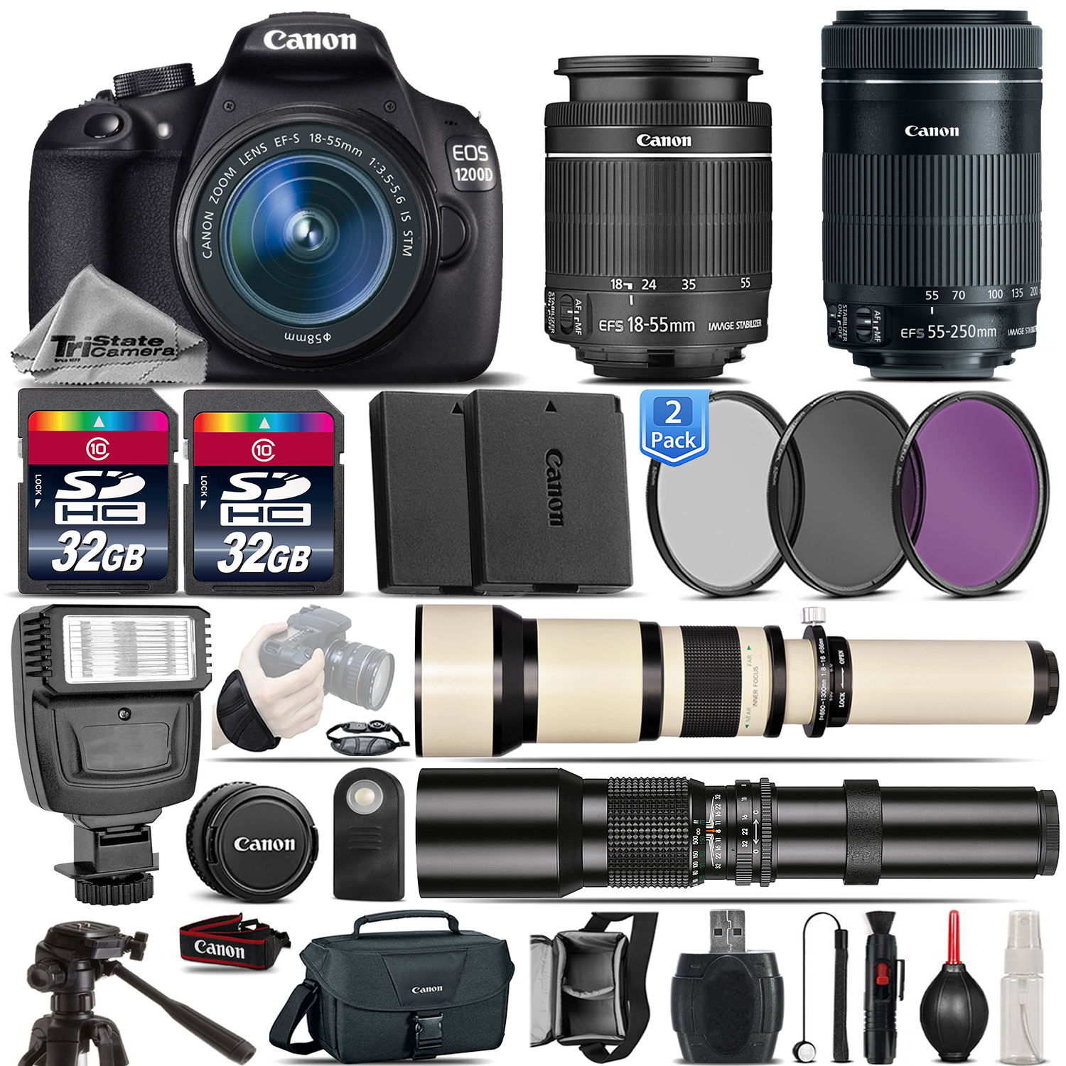 EOS Rebel DSLR 1200D Camera + 18-55mm IS STM+ 55-250mm STM Lens - 64GB Kit *FREE SHIPPING*