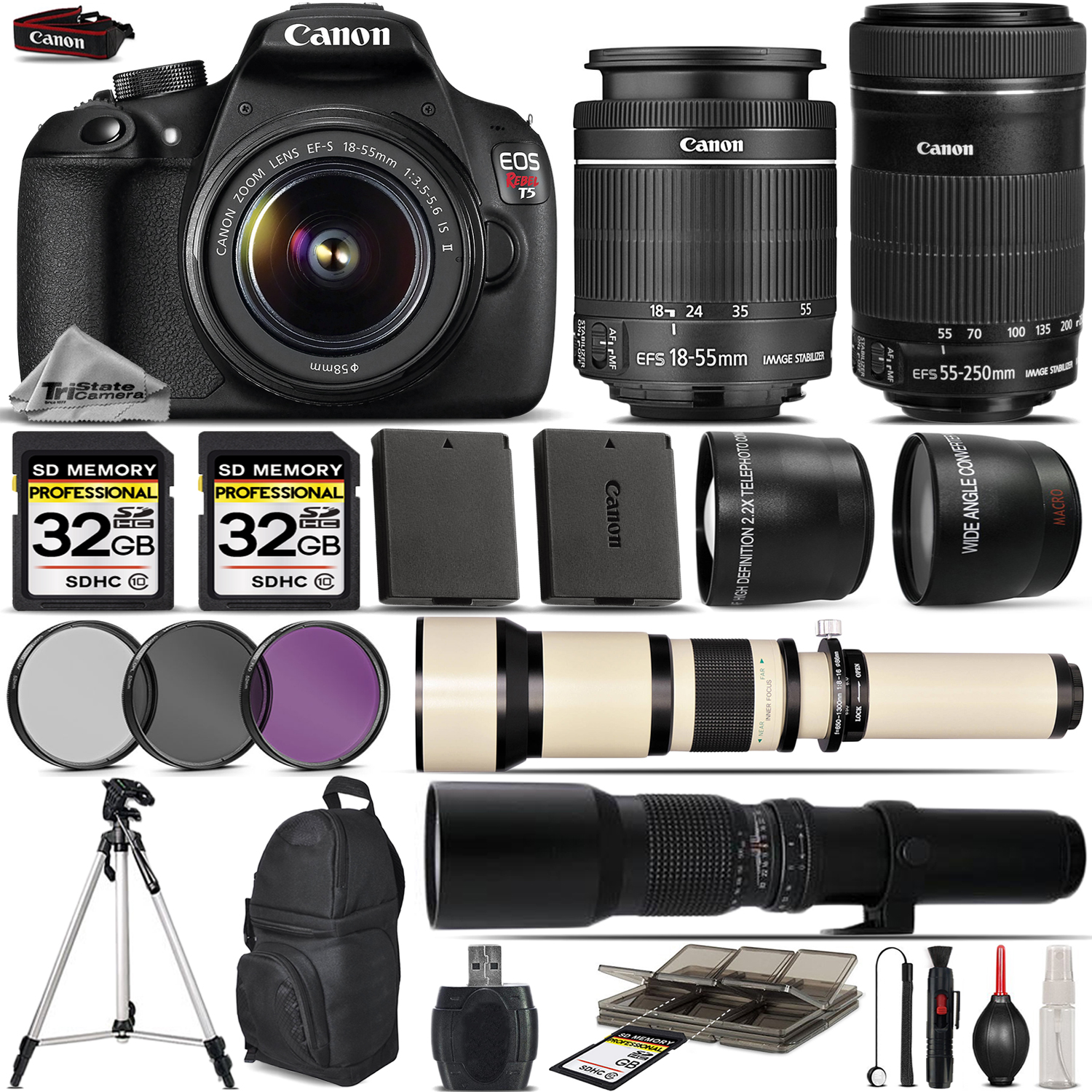 EOS Rebel T5 DSLR Camera 1200D + 18-55mm + 55-250mm IS STM Lens - 64GB Kit *FREE SHIPPING*