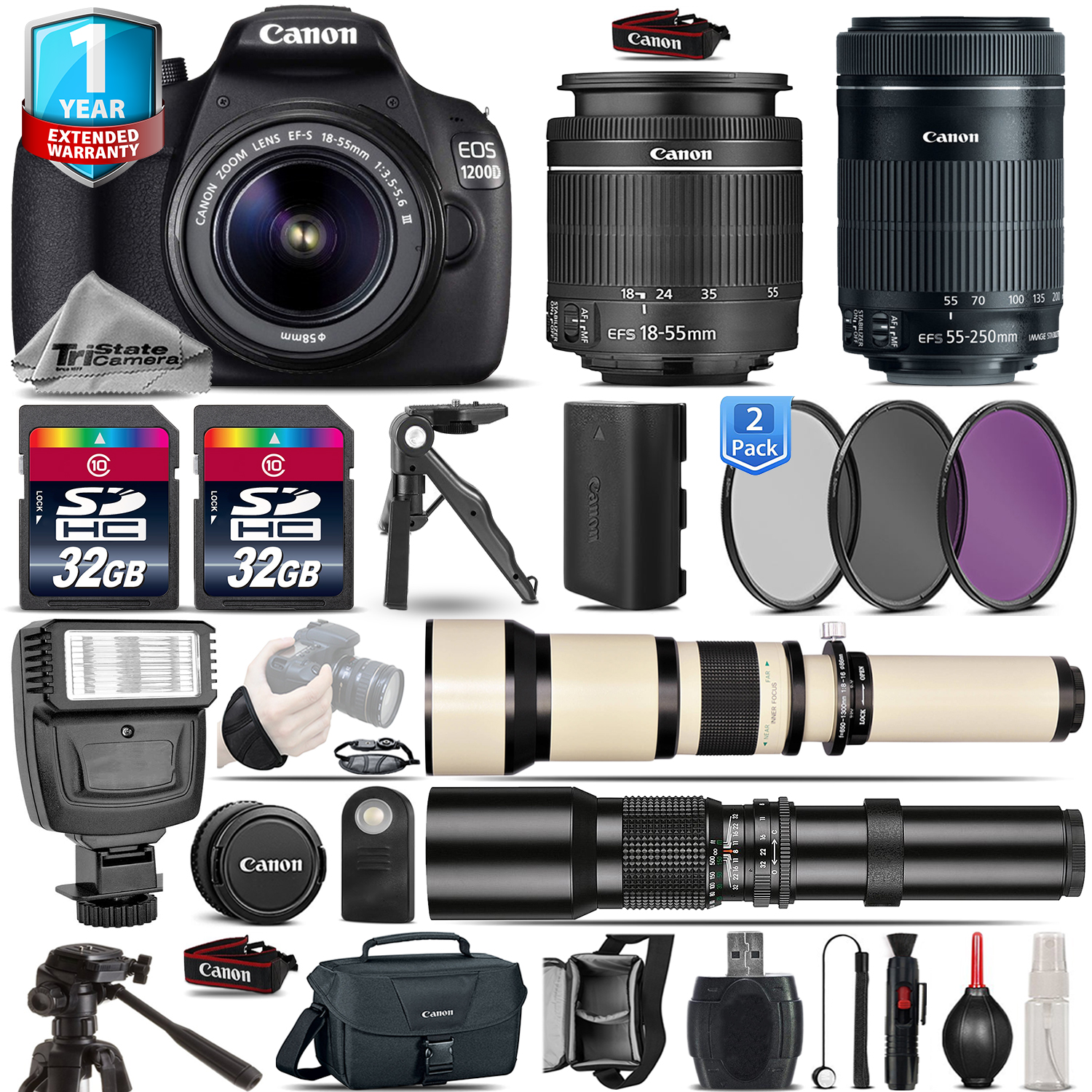 EOS Rebel 1200D Camera + 18-55mm + 55-200mm IS + 1yr Warranty - 64GB Kit *FREE SHIPPING*