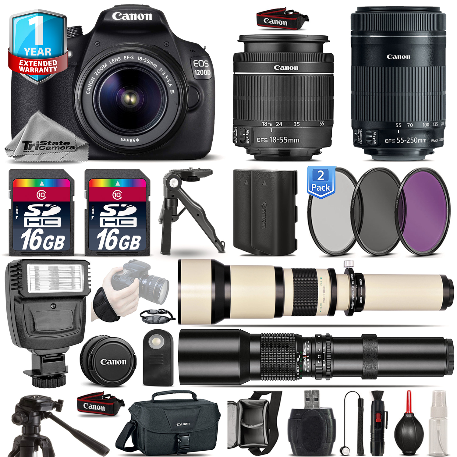 EOS Rebel 1200D Camera + 18-55mm + 55-200mm IS + EXT BATT + 1yr Warranty *FREE SHIPPING*