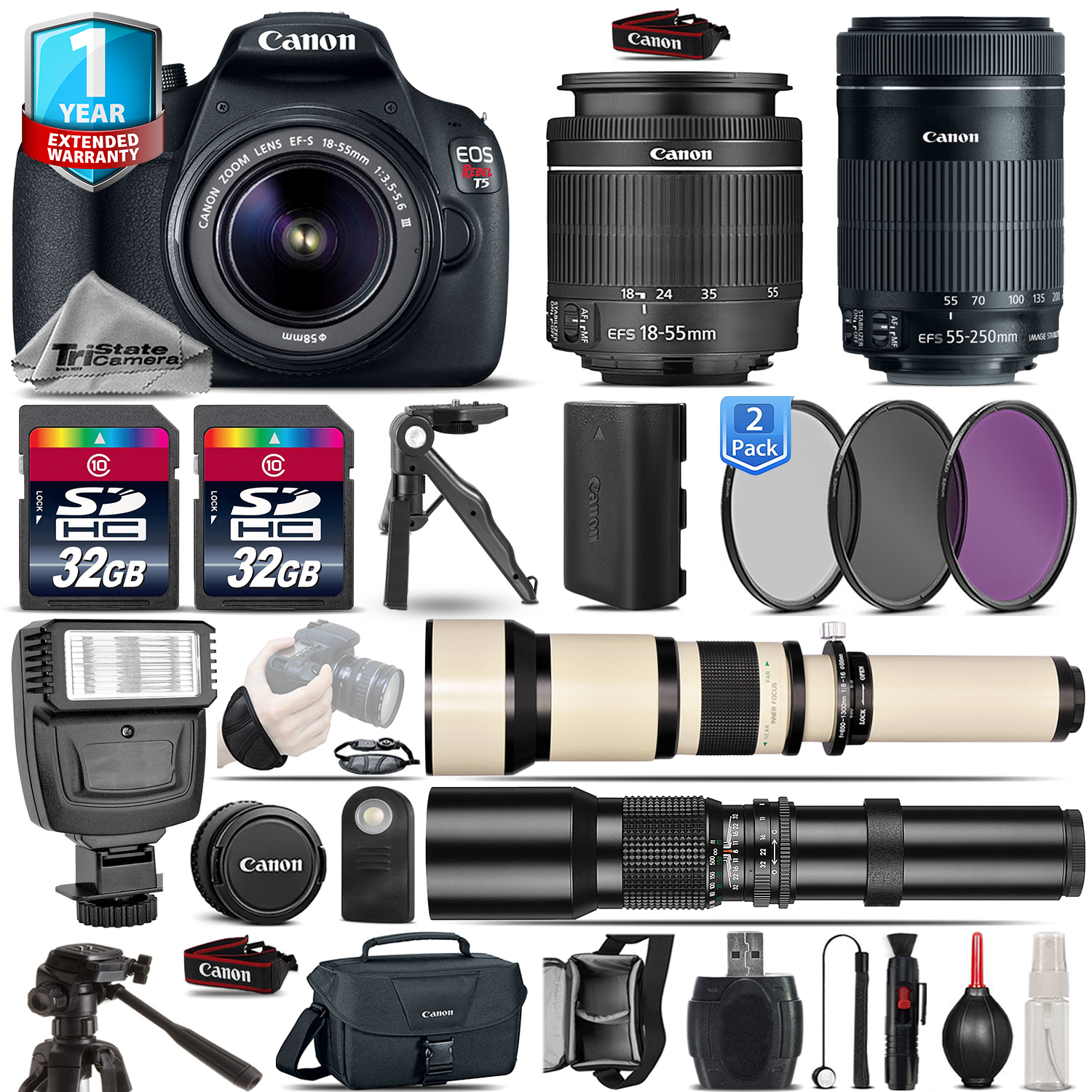 EOS Rebel T5 Camera + 18-55mm DC + 55-200mm IS + 1yr Warranty - 64GB Kit *FREE SHIPPING*