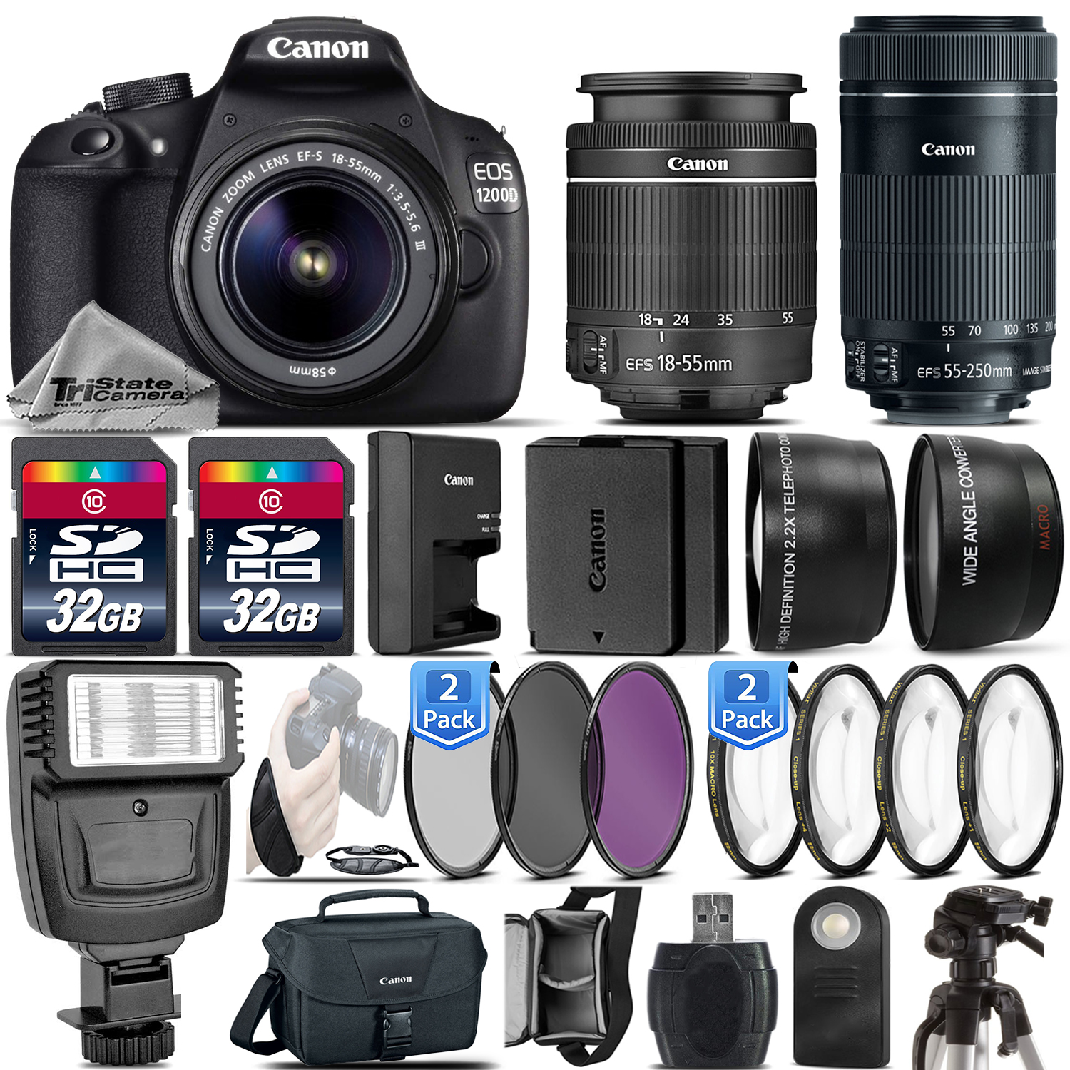 EOS Rebel 1200D / T5 DSLR Camera + 18-55mm III+ 55-250mm IS STM - 64GB Kit *FREE SHIPPING*
