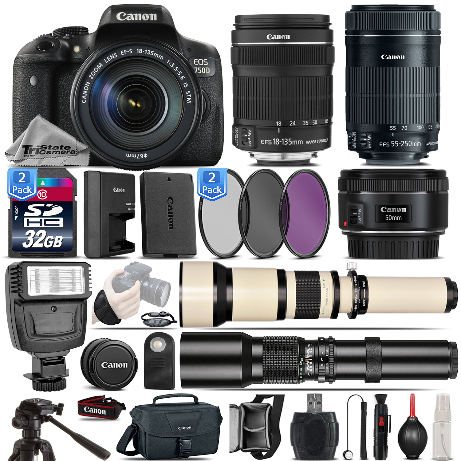 EOS Rebel DSLR 750D /T6i Camera + 18-135mm STM + 55-250mm STM - 64GB Kit *FREE SHIPPING*