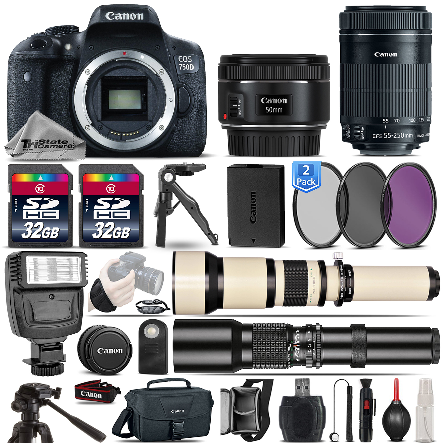 EOS Rebel 750D T6i SLR Camera + 50mm 1.8 + 55-250mm  STM Lens - 64GB Kit *FREE SHIPPING*