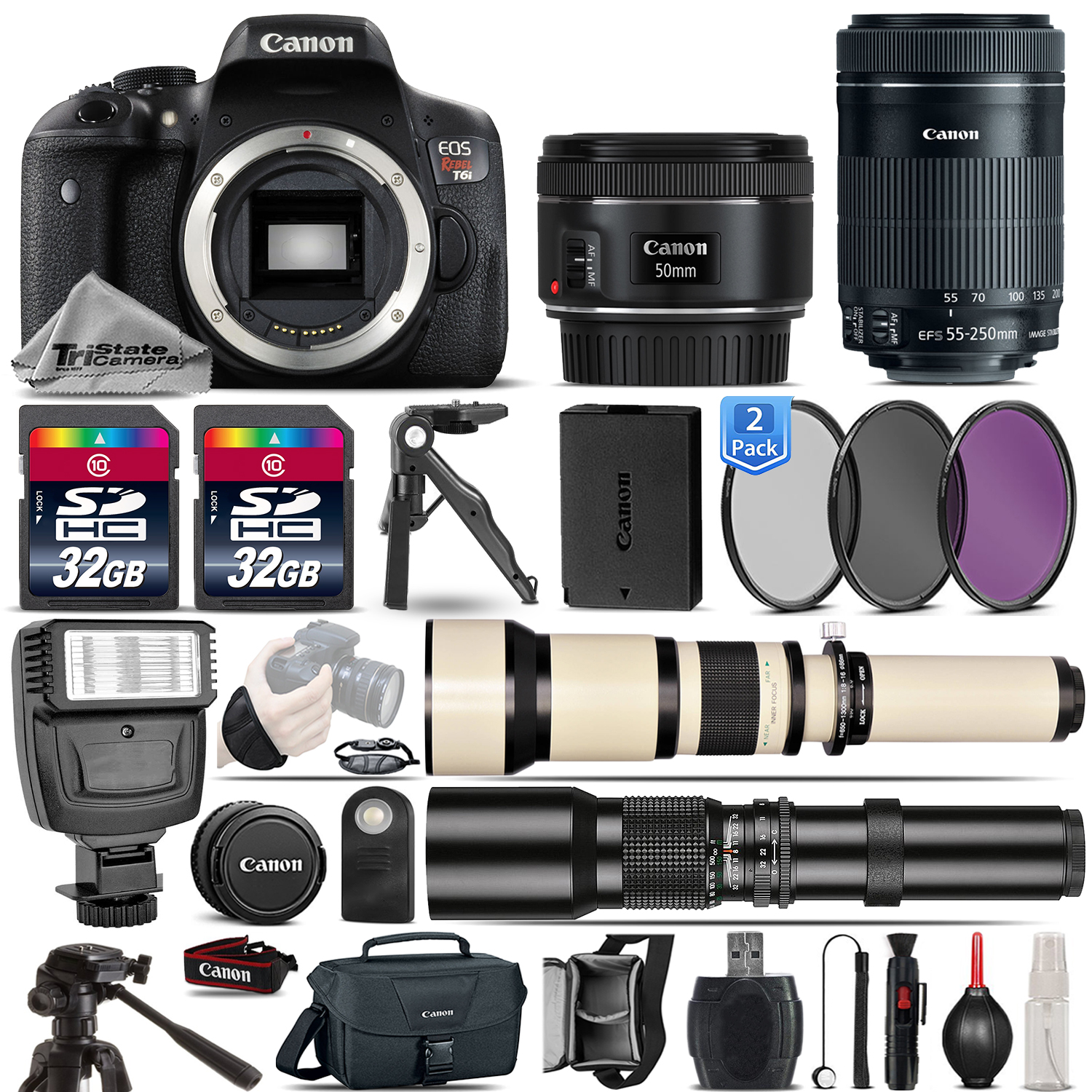 EOS Rebel T6i DSLR Camera + 50mm 1.8 STM + 55-250mm IS STM Lens - 64GB Kit *FREE SHIPPING*