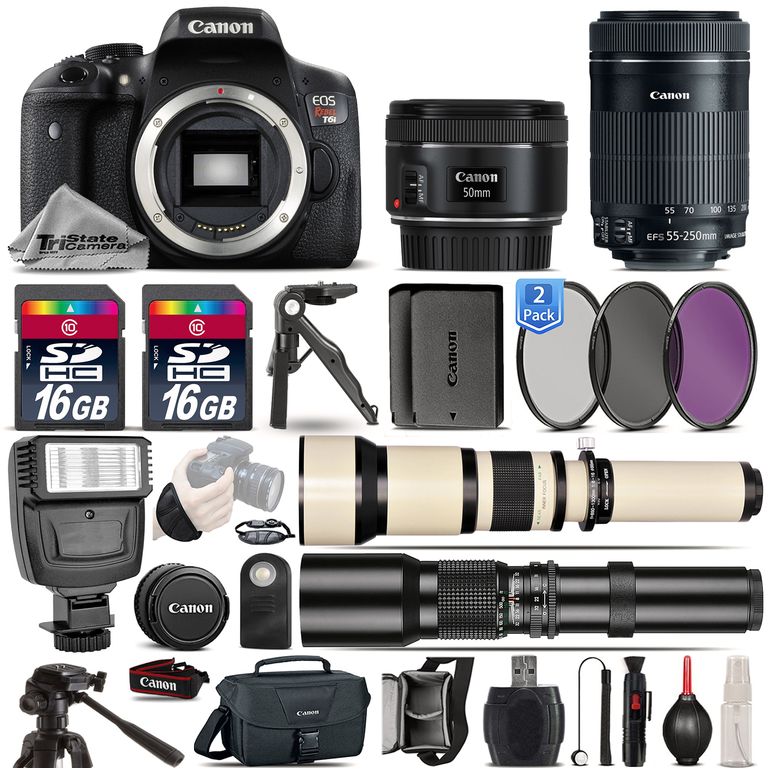 EOS Rebel T6i Camera + 50mm 1.8 + 55-250mm STM + Extra Battery - 32GB Kit *FREE SHIPPING*