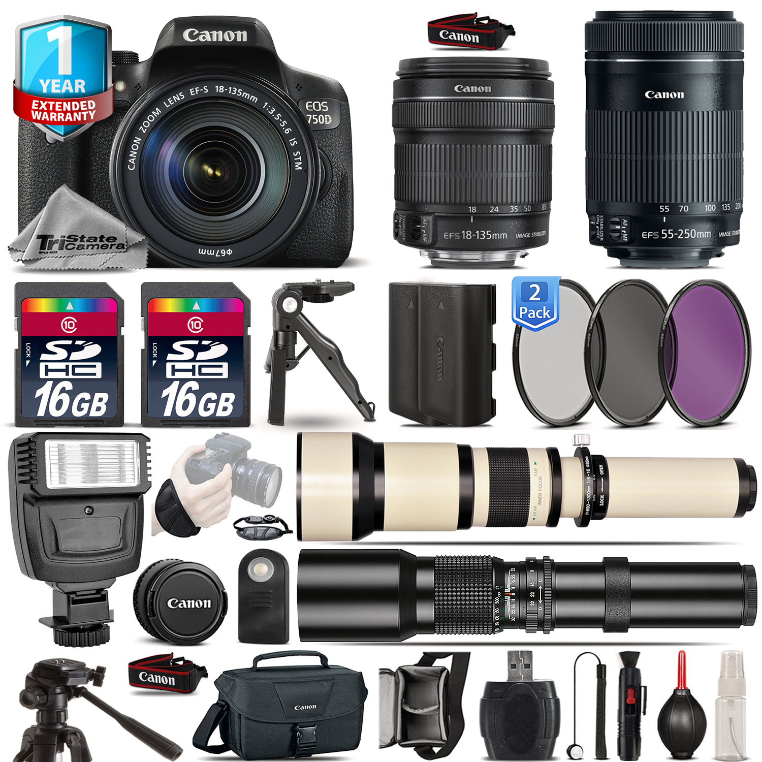 EOS Rebel 750D Camera + 18-135mm IS + 55-200mm + EXT BATT + 1yr Warranty *FREE SHIPPING*