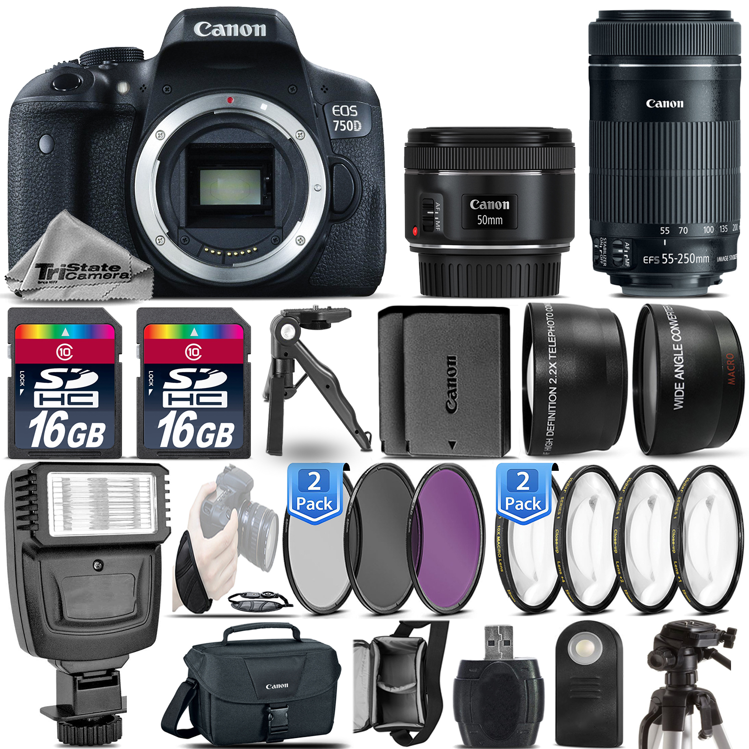 EOS Rebel 750D T6i Camera + 50mm 1.8 + 55-250mm STM + EXT BATT - 32GB Kit *FREE SHIPPING*