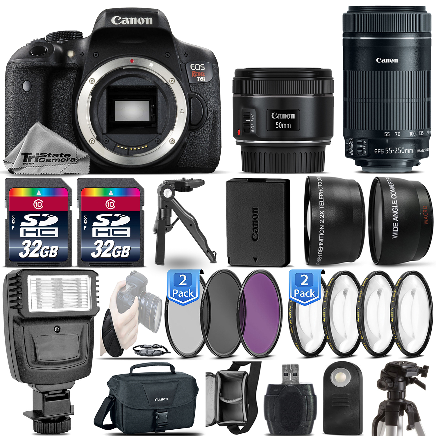 EOS Rebel T6i / 750D DSLR Camera + 50mm 1.8  STM + 55-250mm STM - 64GB Kit *FREE SHIPPING*