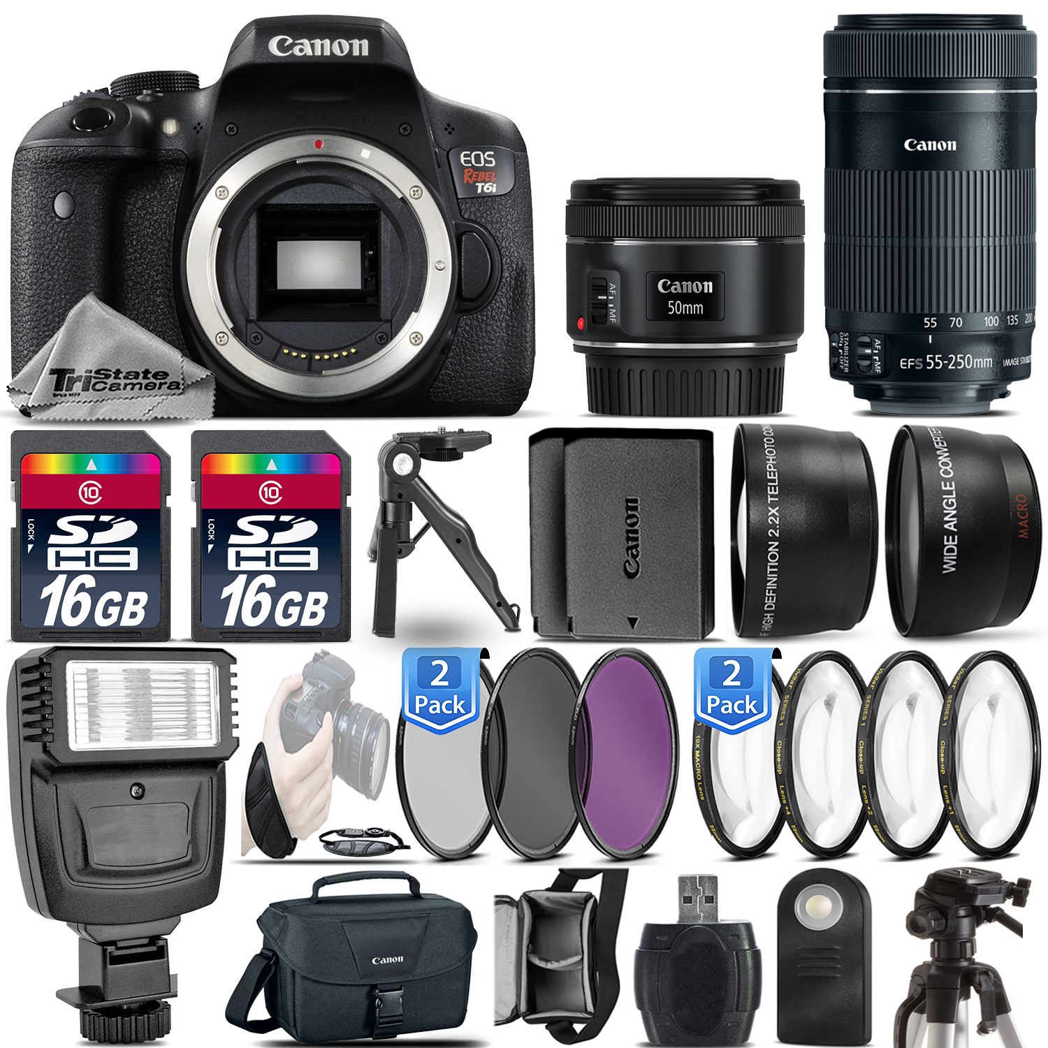 EOS Rebel T6i DSLR Camera + 50mm 1.8 + 55-250mm STM + EXT BATT - 32GB Kit *FREE SHIPPING*
