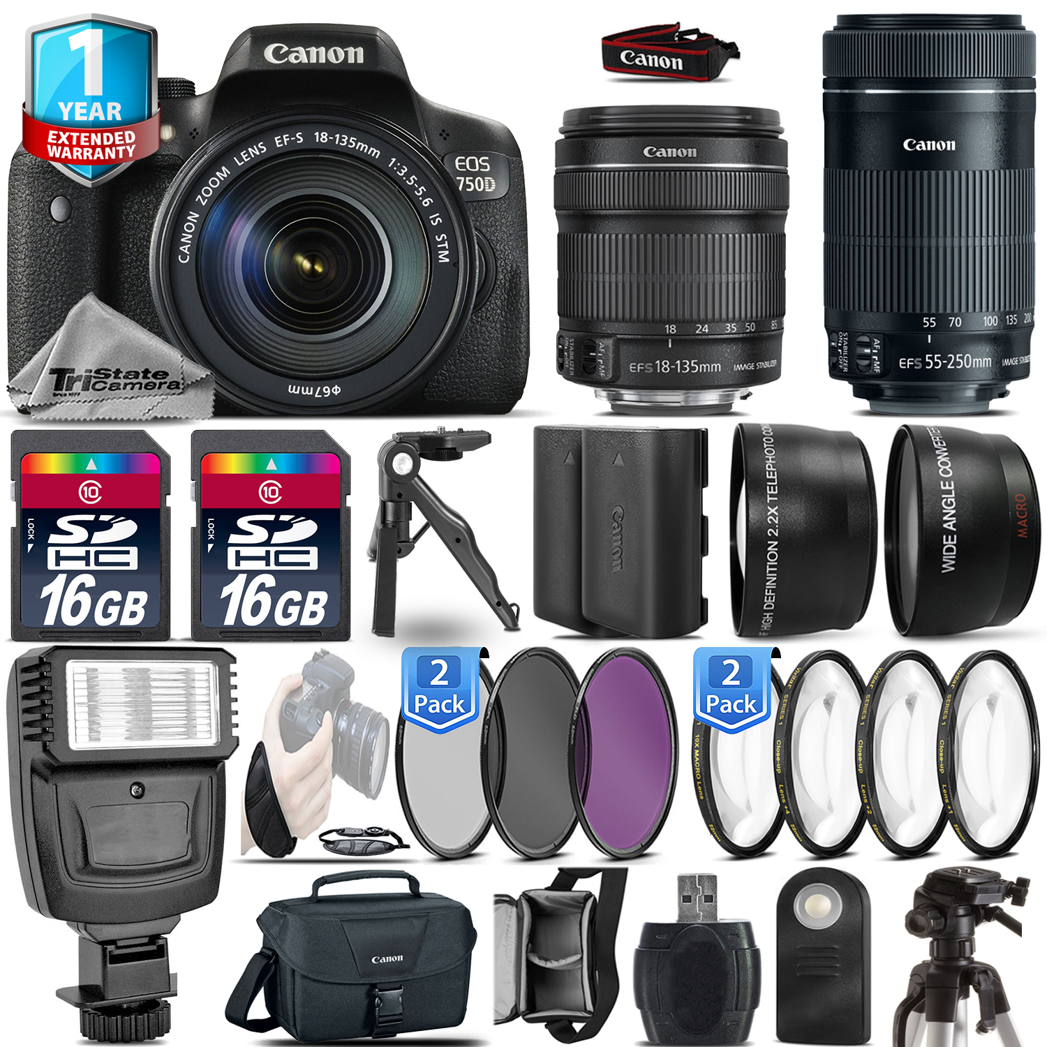 EOS Rebel 750D Camera + 18-135mm IS + 55-200mm IS + EXT BAT +1yr Warranty *FREE SHIPPING*