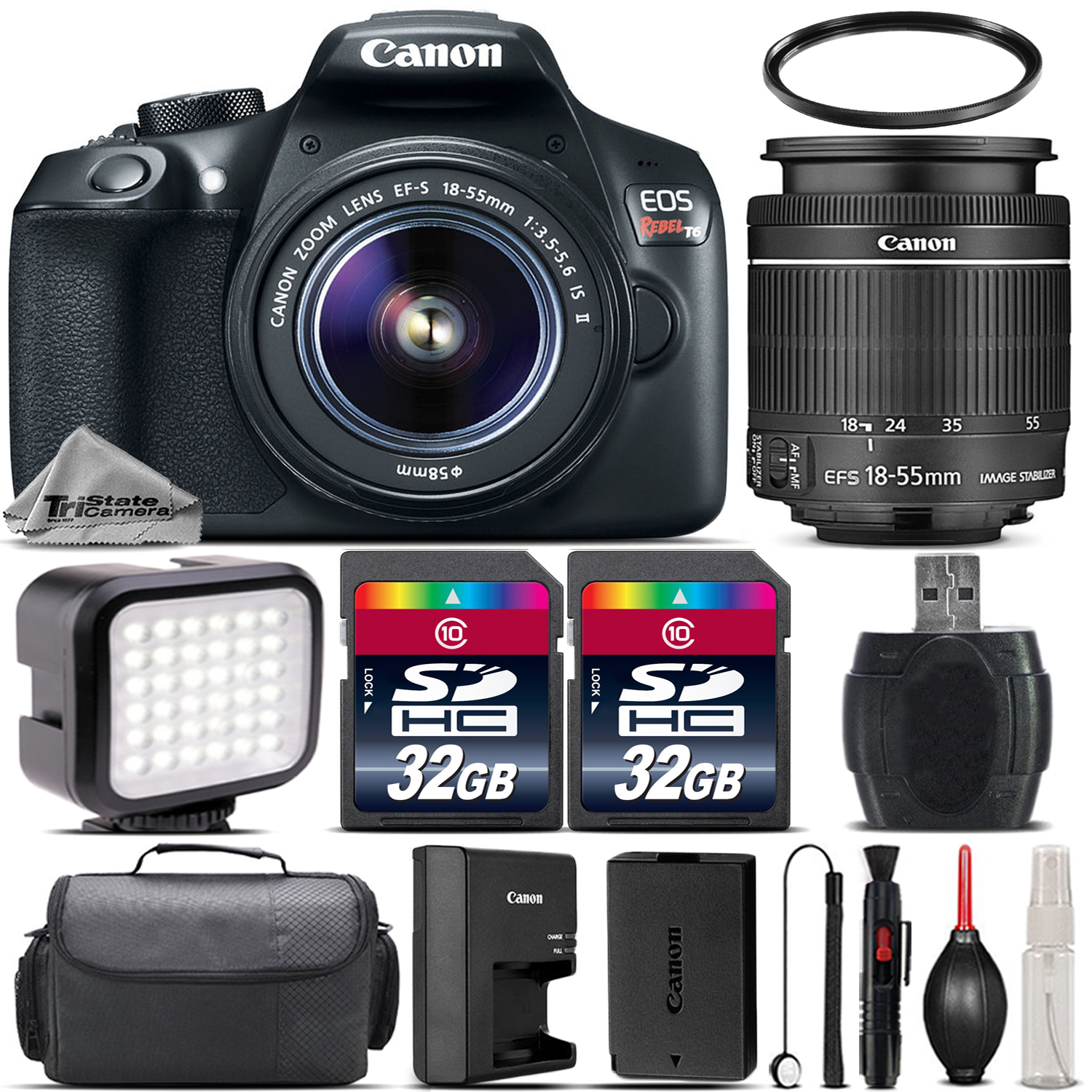 EOS Rebel T6 WiFi Camera 1159C003 + 18-55mm IS Lens + LED + Case -64GB Kit *FREE SHIPPING*
