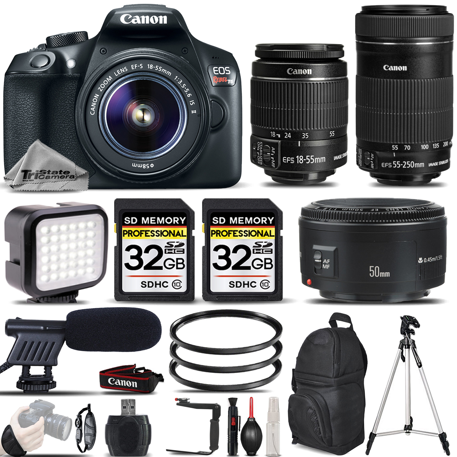 EOS Rebel T6 DSLR Camera + 18-55mm Lens + 55-250 IS STM +Canon 50mm 1.8 II *FREE SHIPPING*