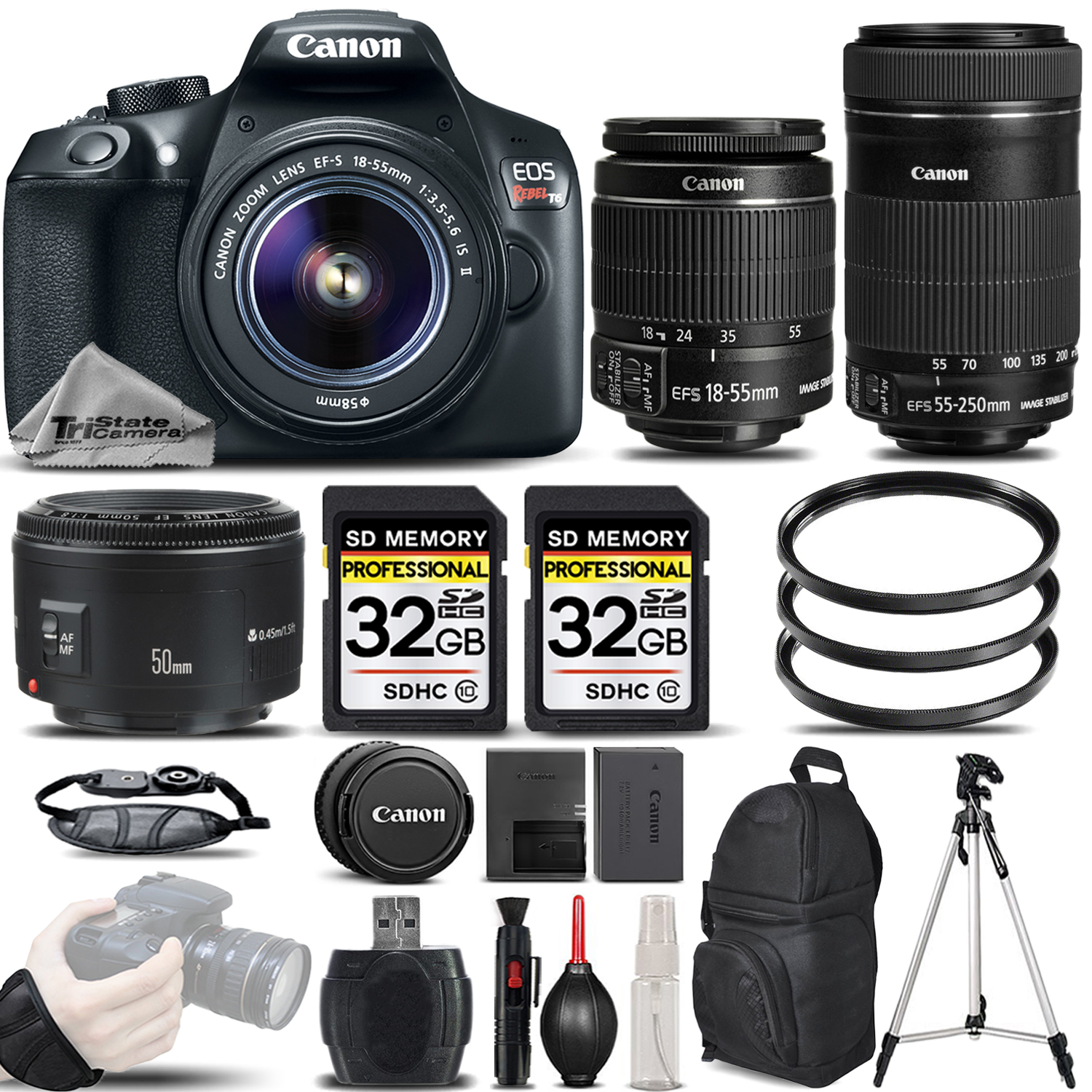 EOS Rebel T6 Camera + 18-55mm Lens + 55-250 IS STM +50mm 1.8 II- SAVE BIG *FREE SHIPPING*