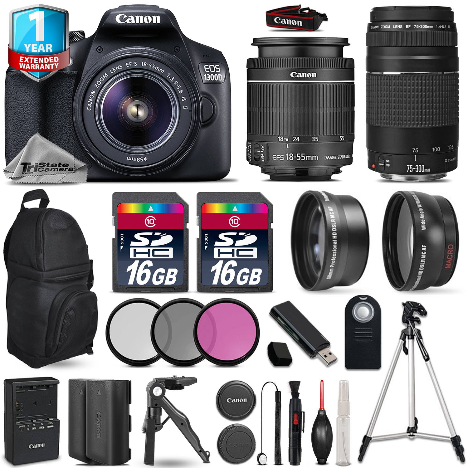 EOS Rebel 1300D Camera + 18-55mm + 75-300mm + EXT BAT +32GB + 1yr Warranty *FREE SHIPPING*