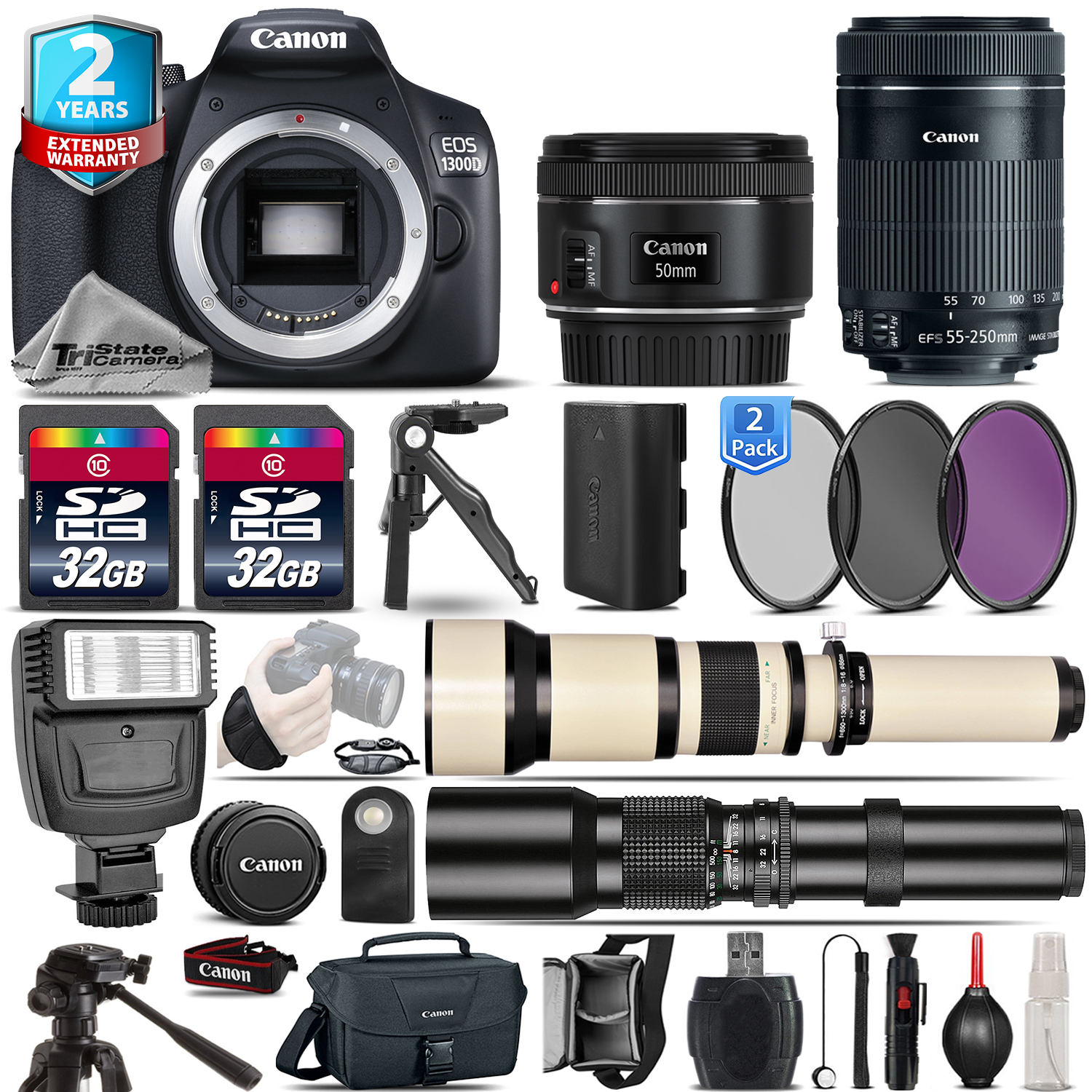 EOS Rebel 1300D Camera + 50mm 1.8 + 55-250mm IS + 2yr Warranty - 64GB Kit *FREE SHIPPING*