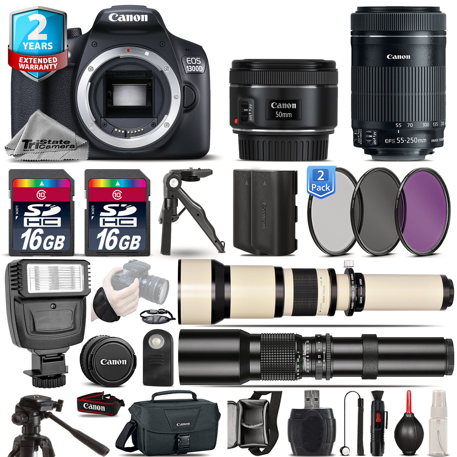 EOS Rebel 1300D / T6 Camera + 50mm + 55-250mm + EXT BATT + 2yr Warranty *FREE SHIPPING*