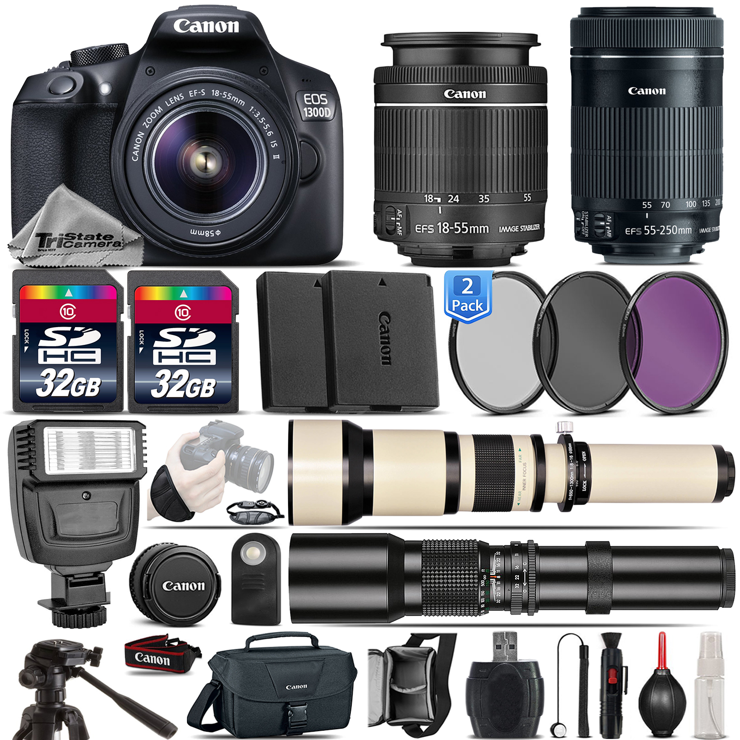 EOS Rebel DSLR 1300D Camera + 18-55mm IS + 55-250mm IS STM Lens - 64GB Kit *FREE SHIPPING*