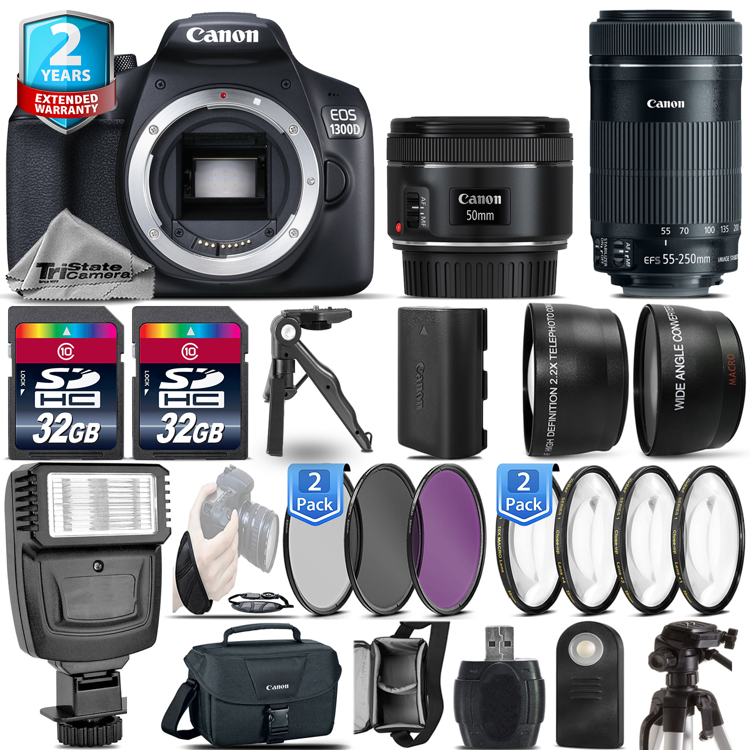EOS Rebel 1300D / T6 Camera + 50mm 1.8 STM + 55-250mm IS + 2yr Warranty *FREE SHIPPING*