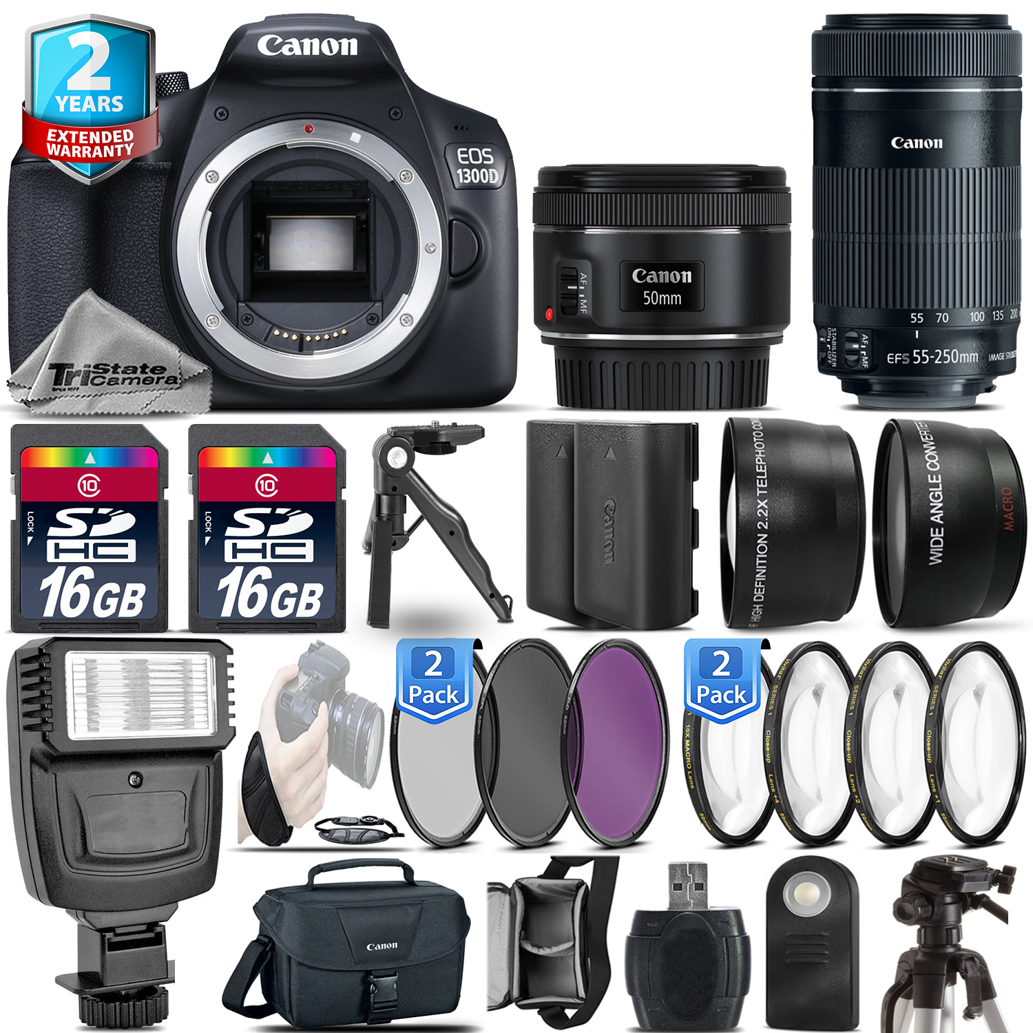 EOS Rebel 1300D Camera + 50mm 1.8 + 55-250mm IS + EXT BAT  + 2yr Warranty *FREE SHIPPING*