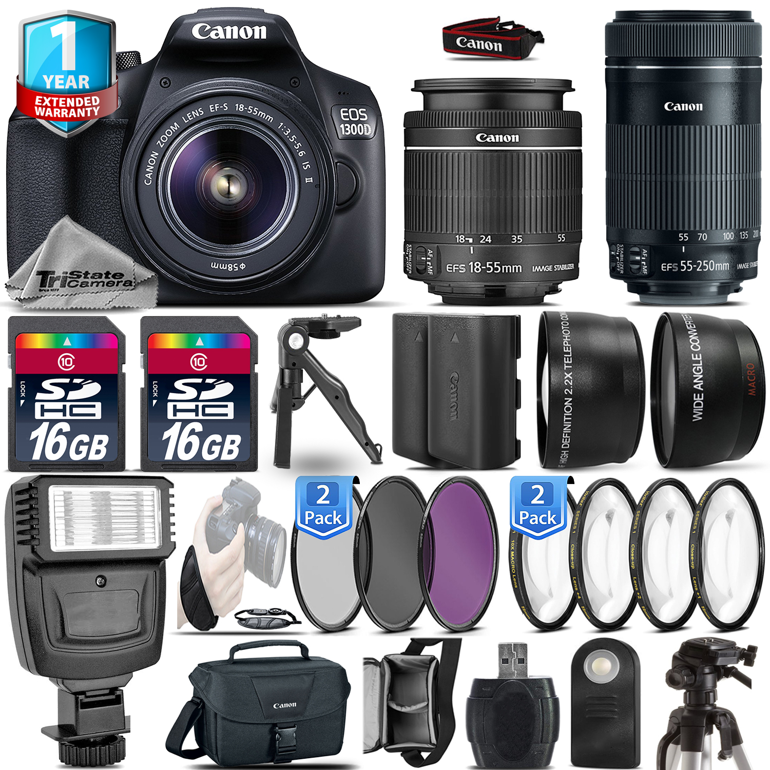 EOS Rebel 1300D Camera + 18-55mm IS + 55-200mm IS + EXT BAT + 1yr Warranty *FREE SHIPPING*
