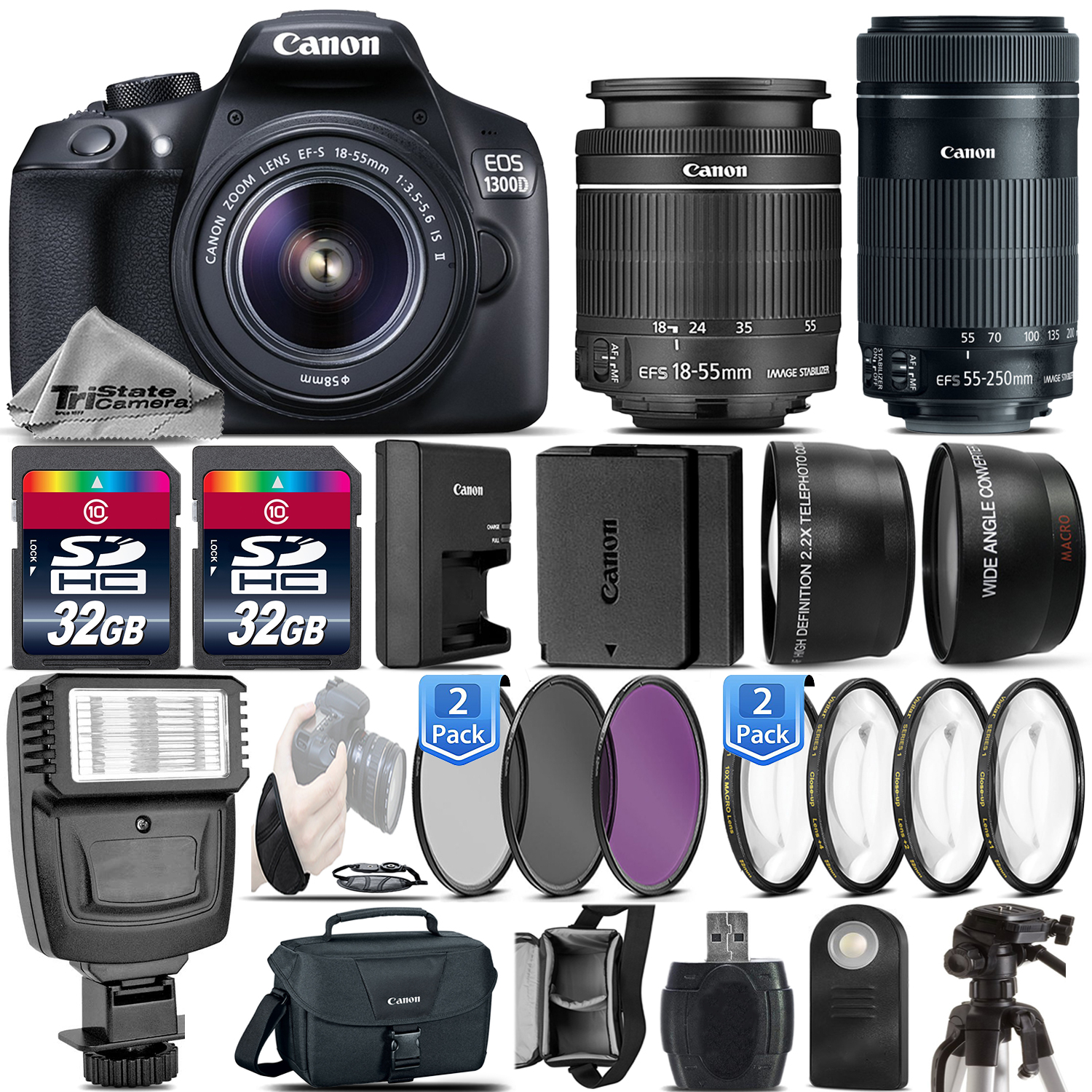 EOS Rebel 1300D DSLR Camera + 18-55mm IS II + 55-250mm IS STM - 64GB Kit *FREE SHIPPING*