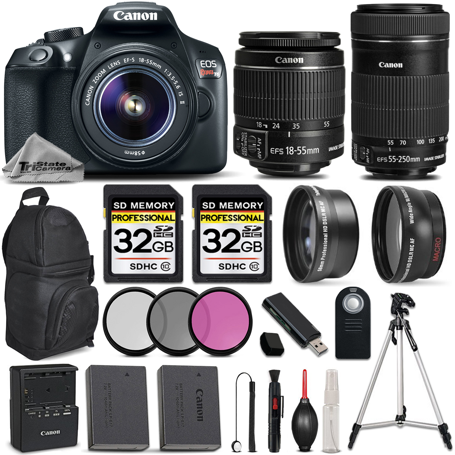 EOS REBEL T6 DSLR Camera + 18-55mm IS Lens +Canon 55-250 IS STM - PRO KIT *FREE SHIPPING*