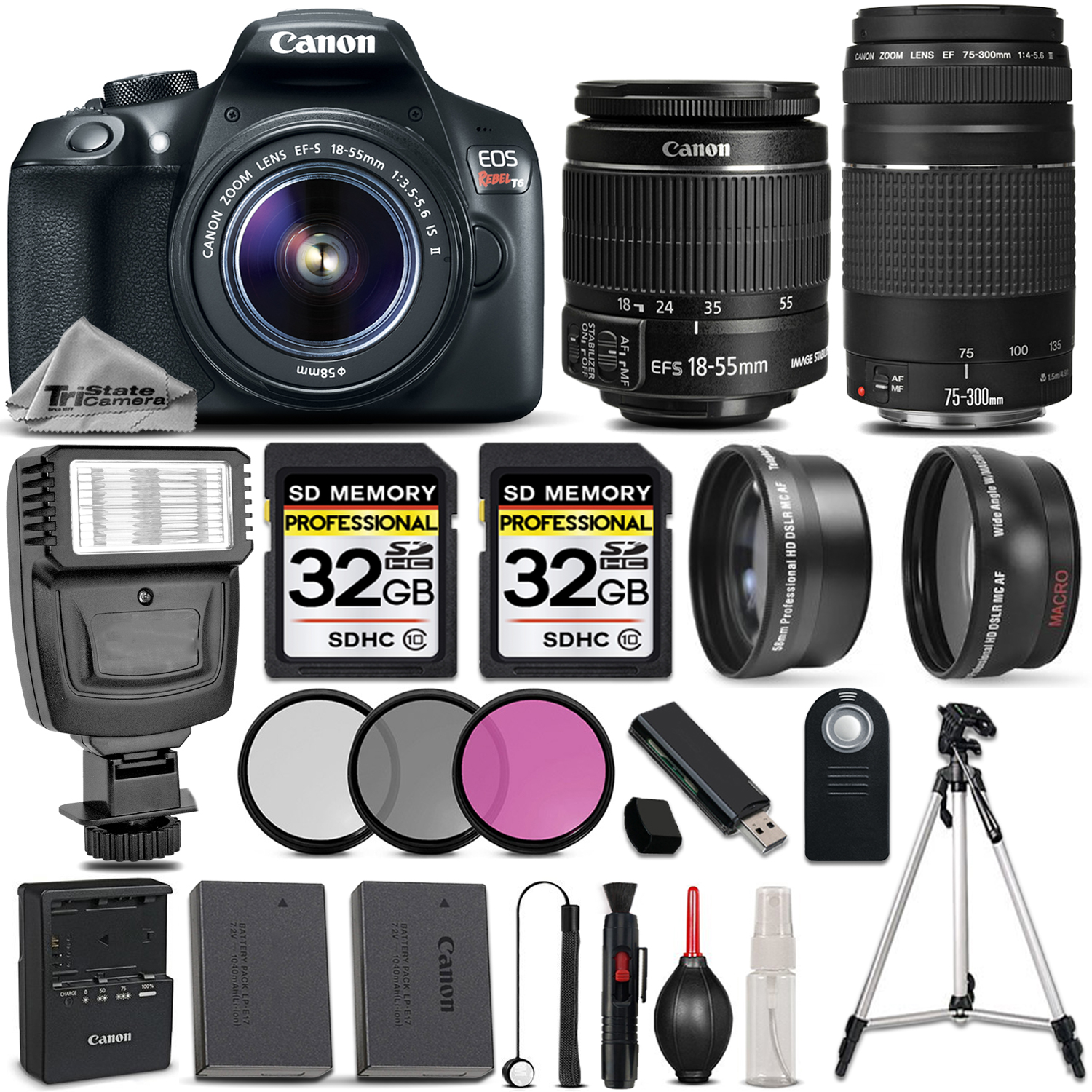 EOS Rebel T6 DSLR Camera + 18-55mm Lens +Canon 75-300 III &MORE -64GB KIT *FREE SHIPPING*